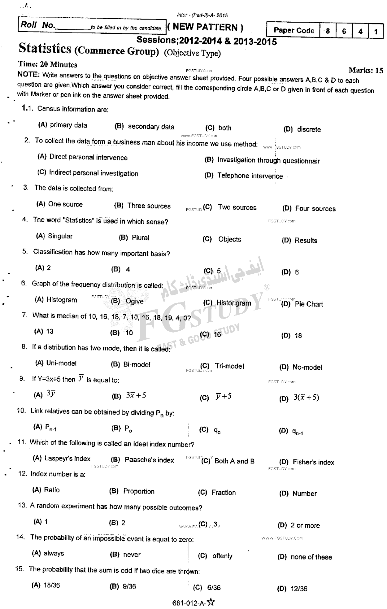 12th Class Statistics Past Paper 2015 Rawalpindi Board Objective