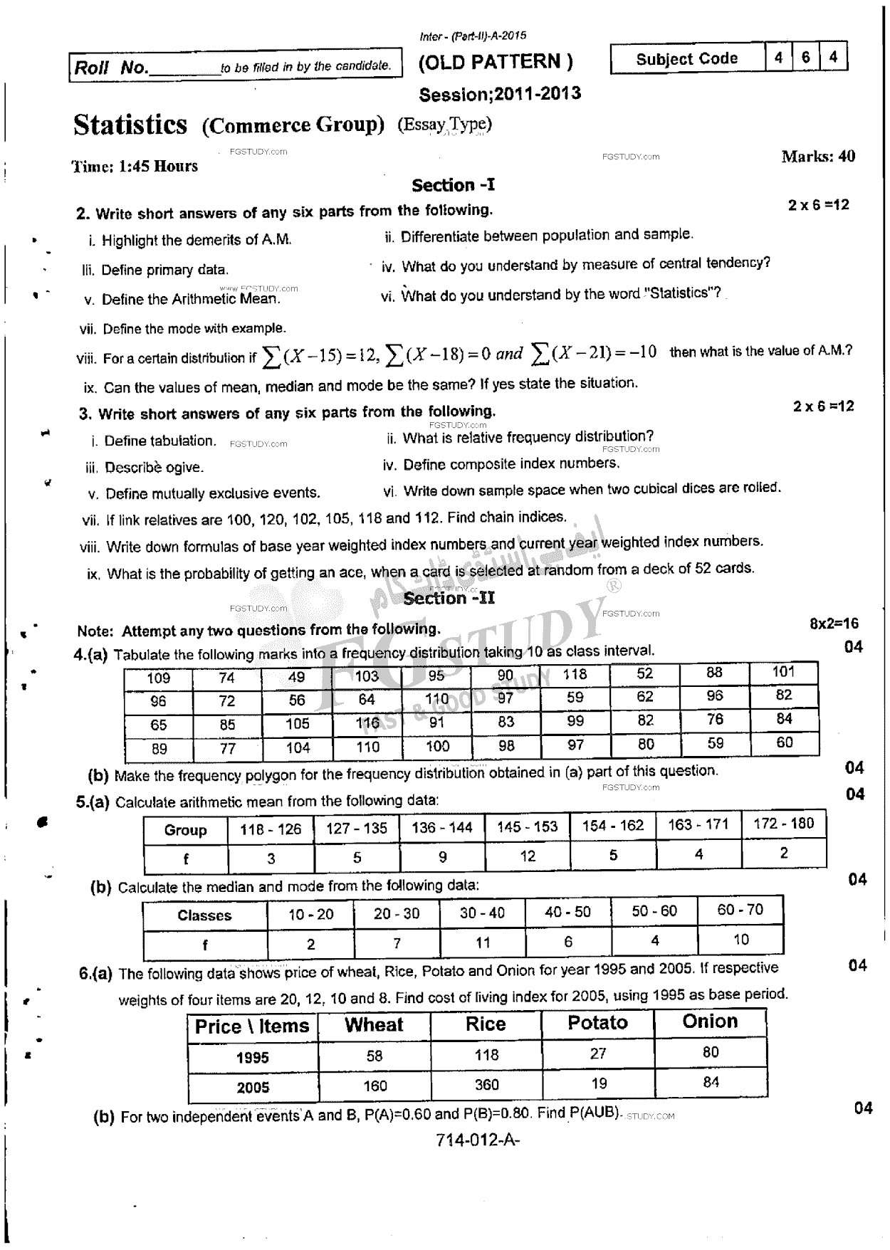 12th Class Statistics Past Paper 2015 Rawalpindi Board Subjective