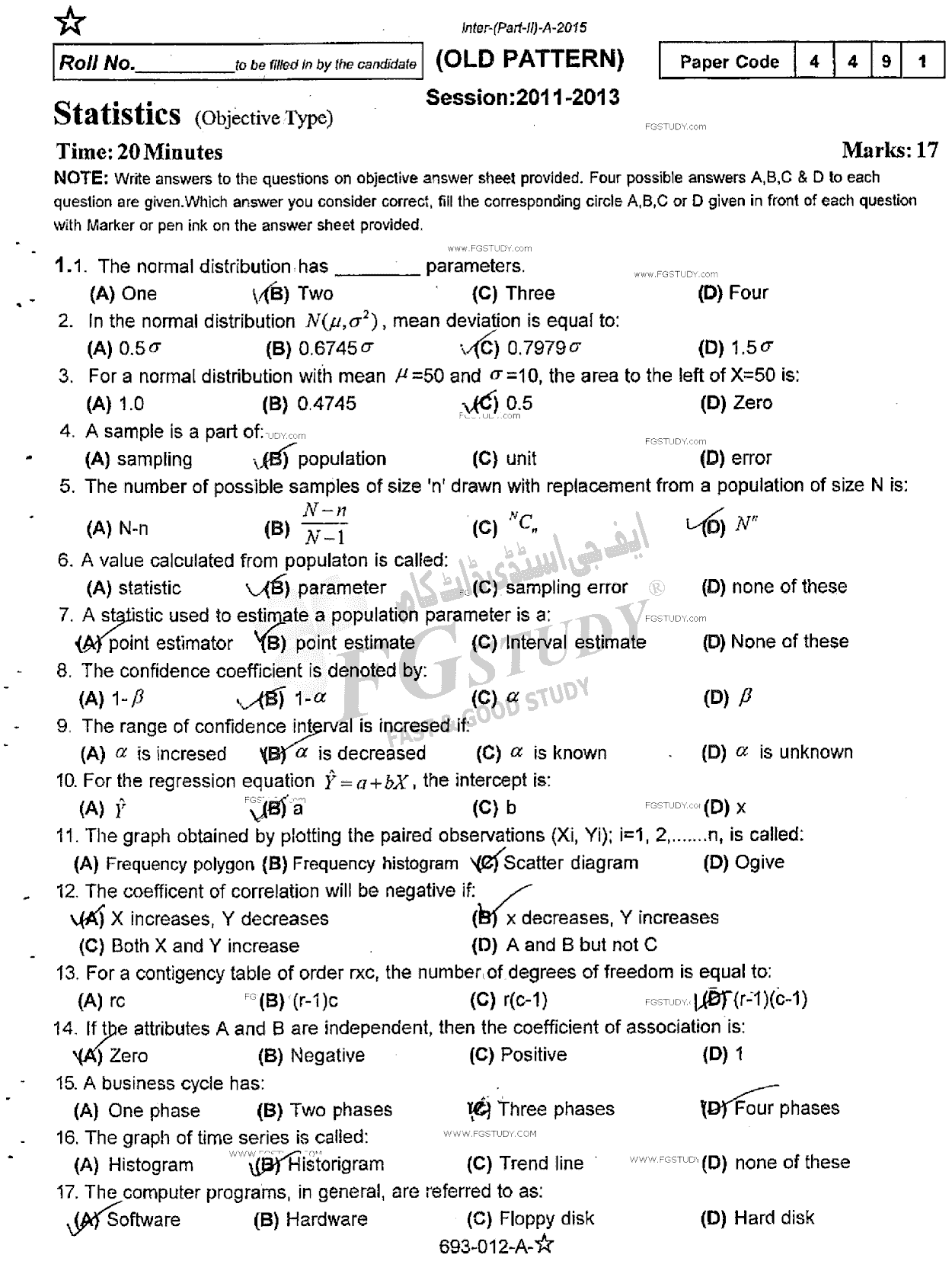12th Class Statistics Past Paper 2015 Rawalpindi Board Objective