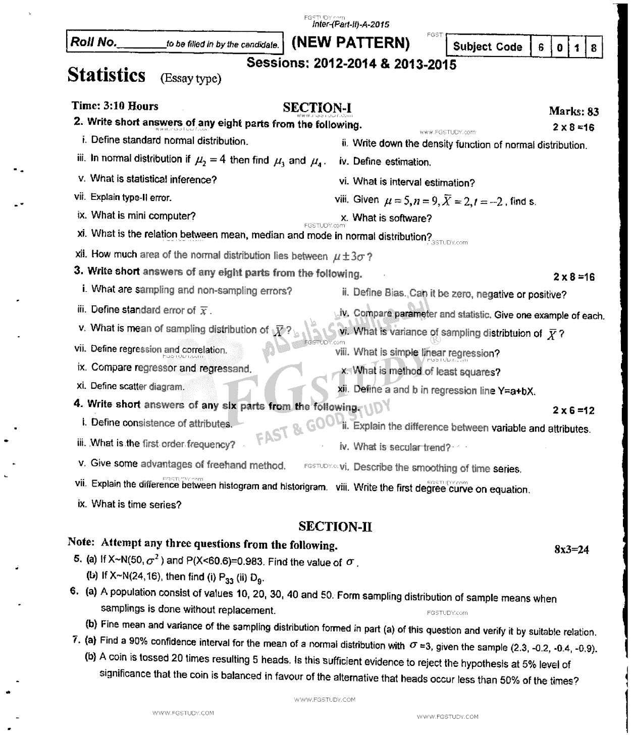 12th Class Statistics Past Paper 2015 Rawalpindi Board Subjective