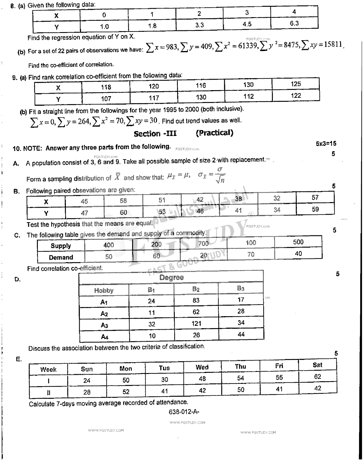 12th Class Statistics Past Paper 2015 Rawalpindi Board Subjective