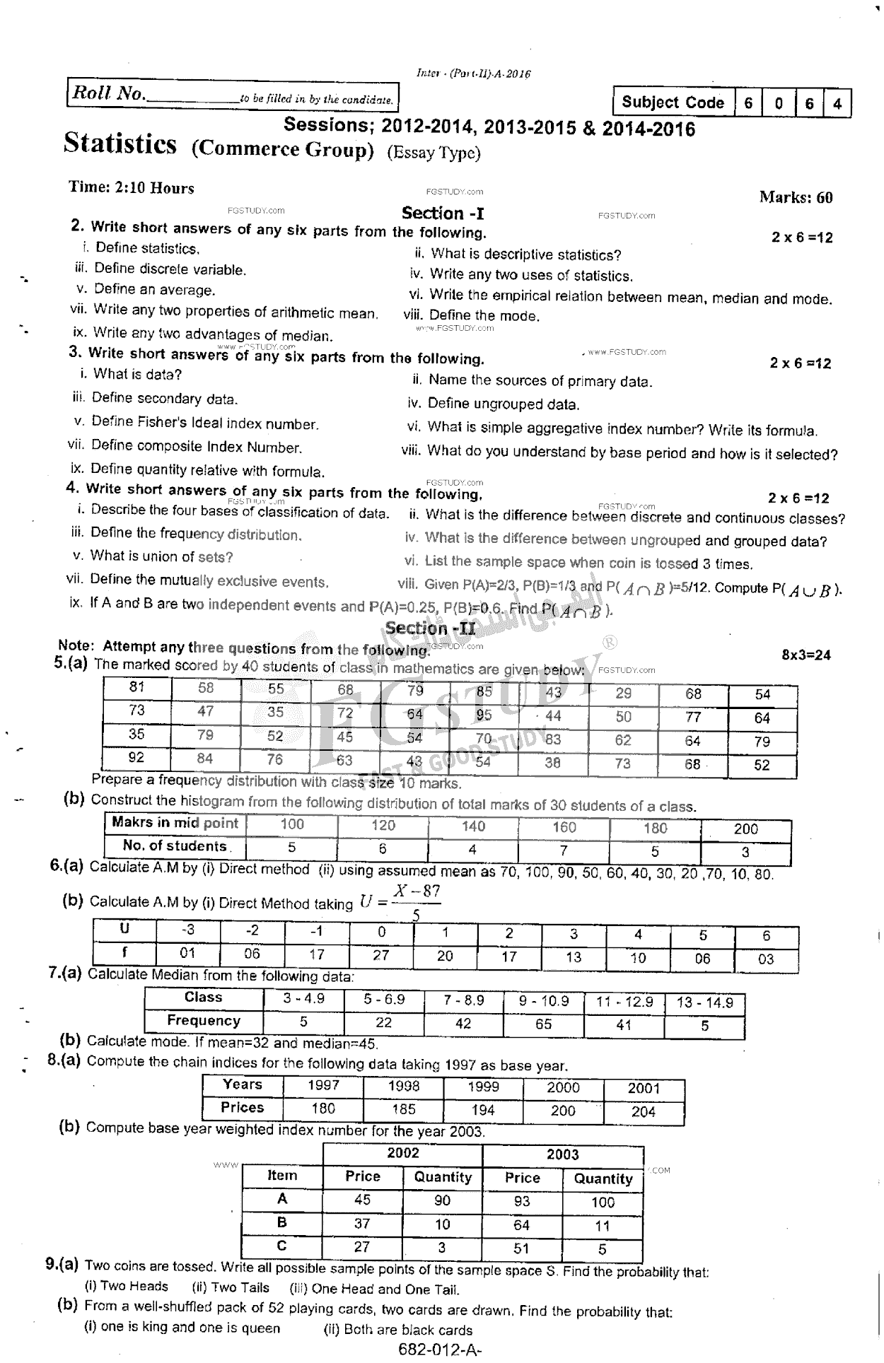 12th Class Statistics Past Paper 2016 Rawalpindi Board Subjective