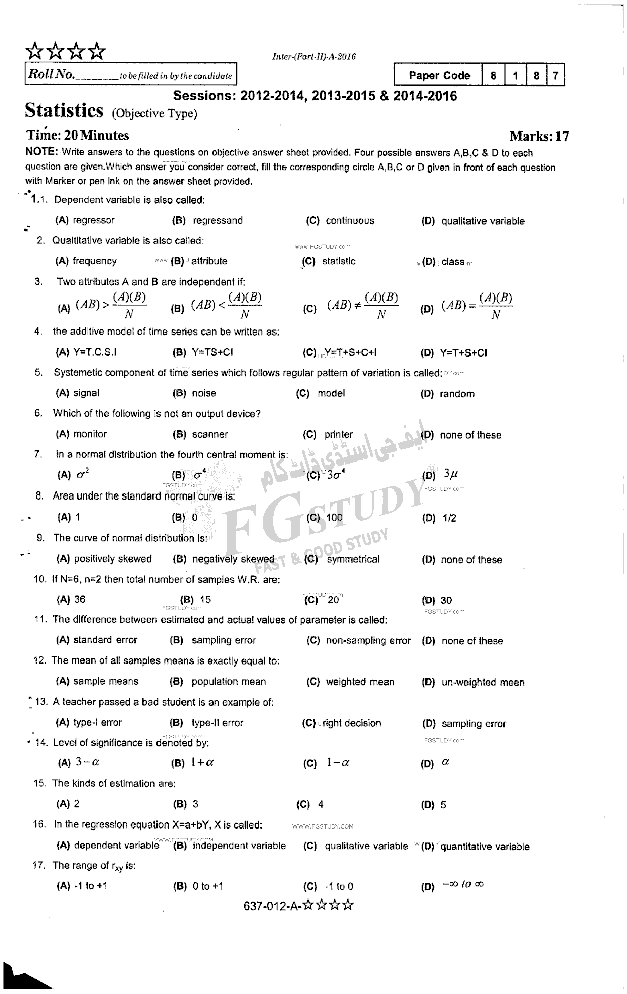 12th Class Statistics Past Paper 2016 Rawalpindi Board Objective