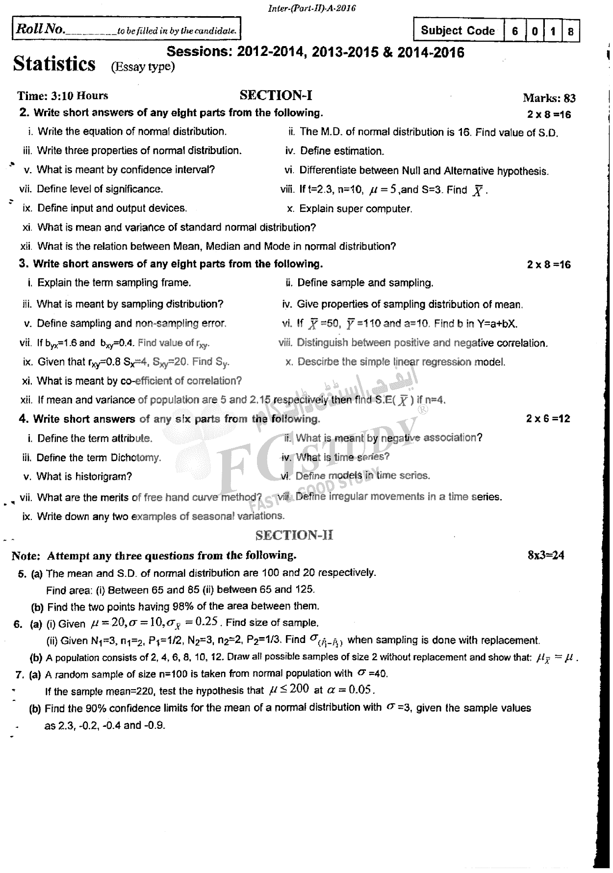 12th Class Statistics Past Paper 2016 Rawalpindi Board Subjective