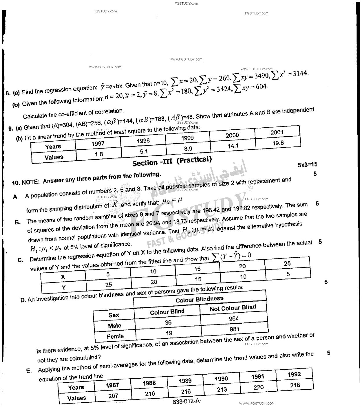 12th Class Statistics Past Paper 2016 Rawalpindi Board Subjective