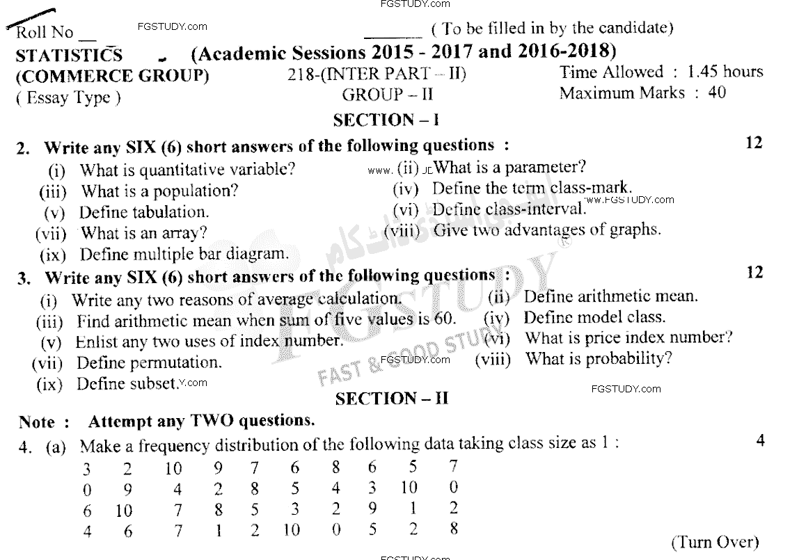 12th Class Statistics Past Paper 2018 Lahore Board Group 2 Subjective