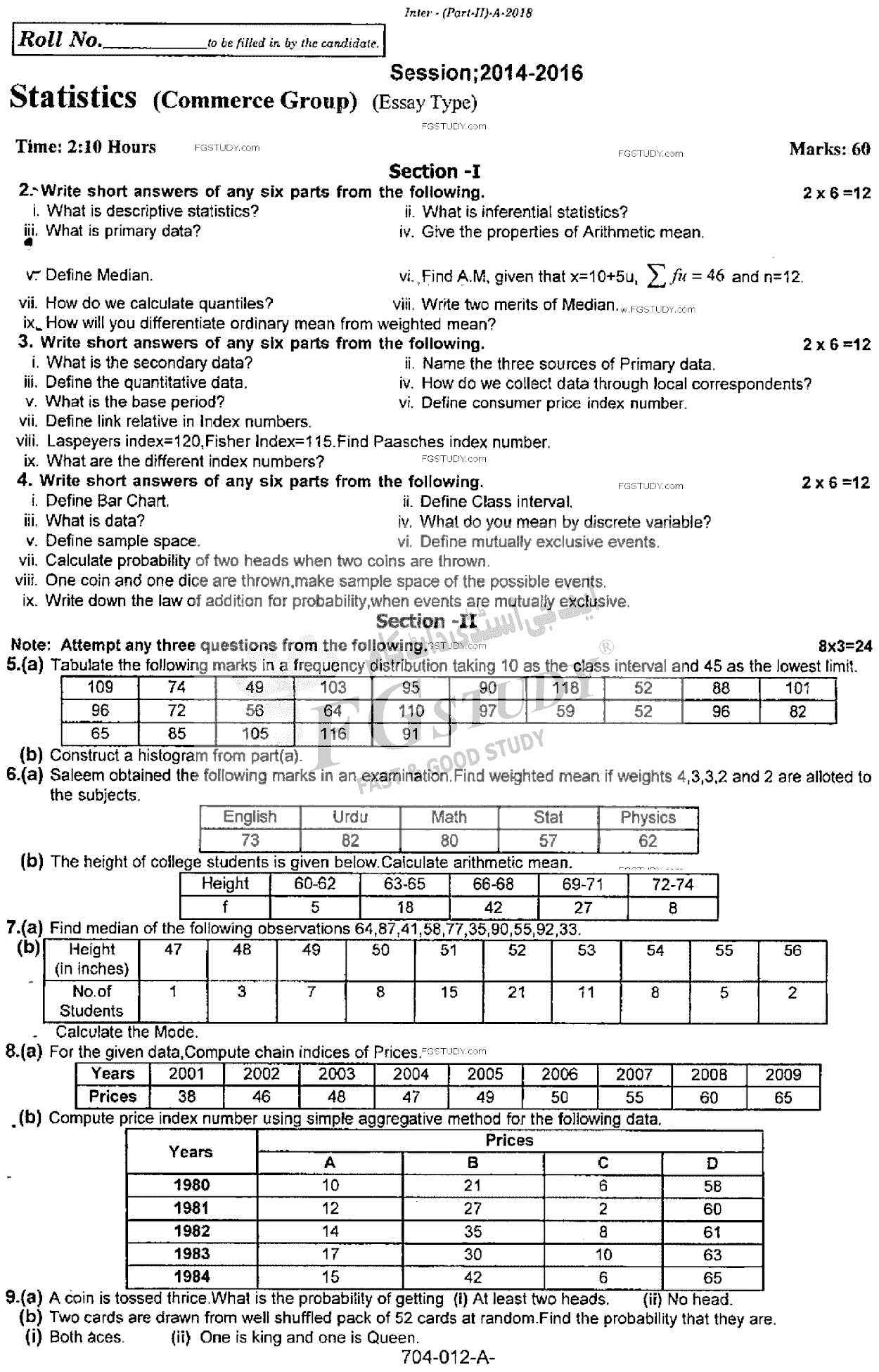 12th Class Statistics Past Paper 2018 Rawalpindi Board Subjective