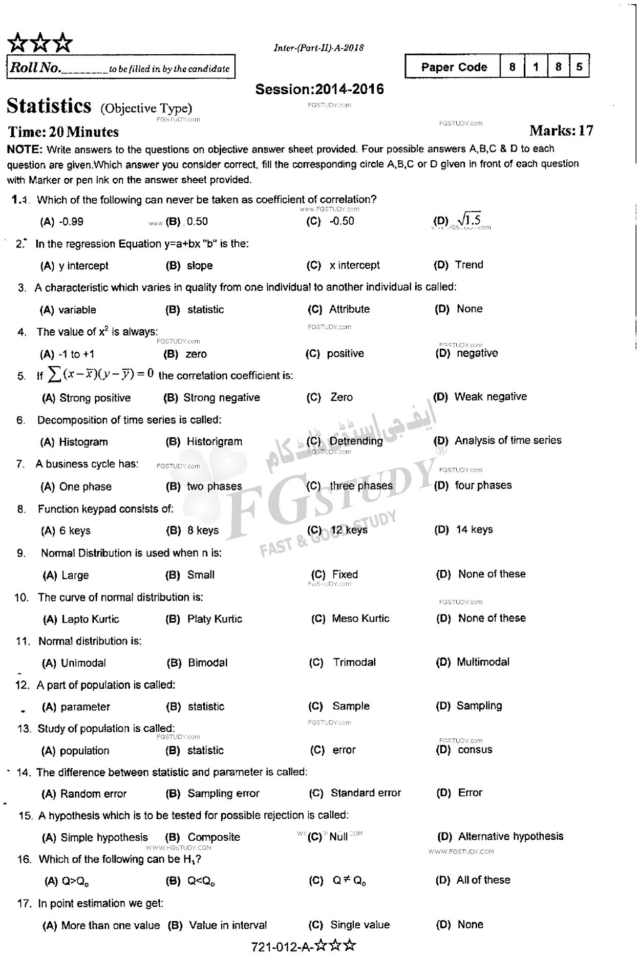 12th Class Statistics Past Paper 2018 Rawalpindi Board Objective
