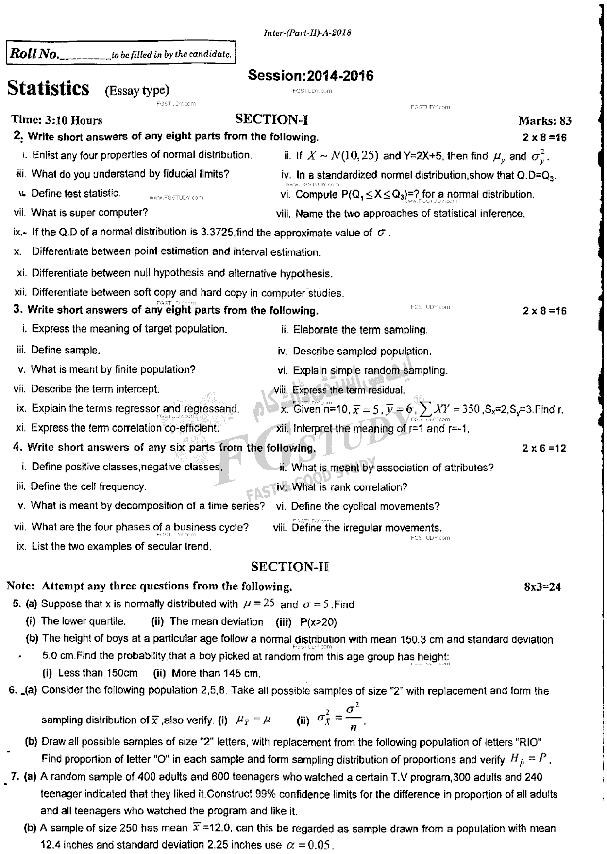 12th Class Statistics Past Paper 2018 Rawalpindi Board Subjective