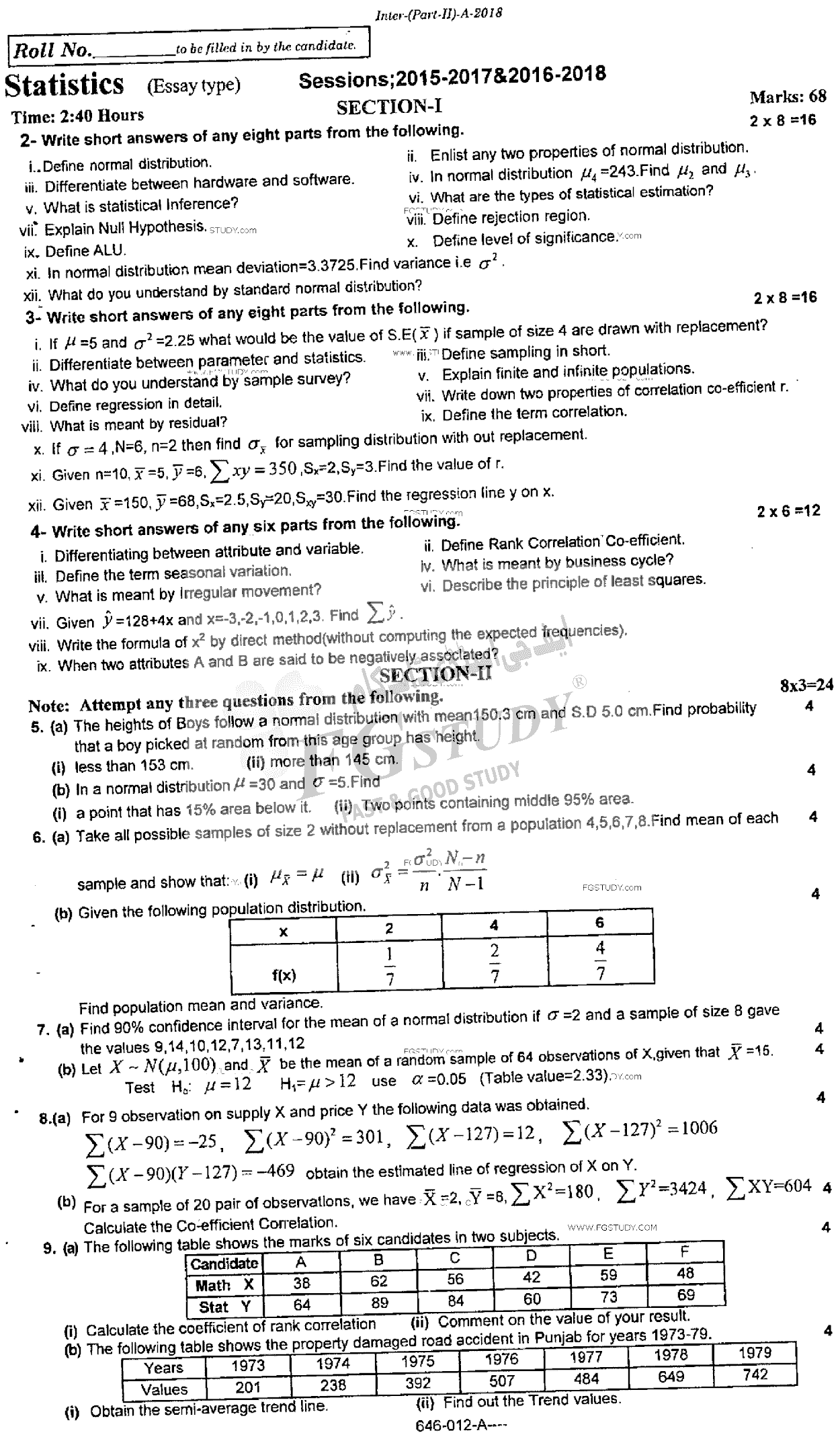 12th Class Statistics Past Paper 2018 Rawalpindi Board Subjective