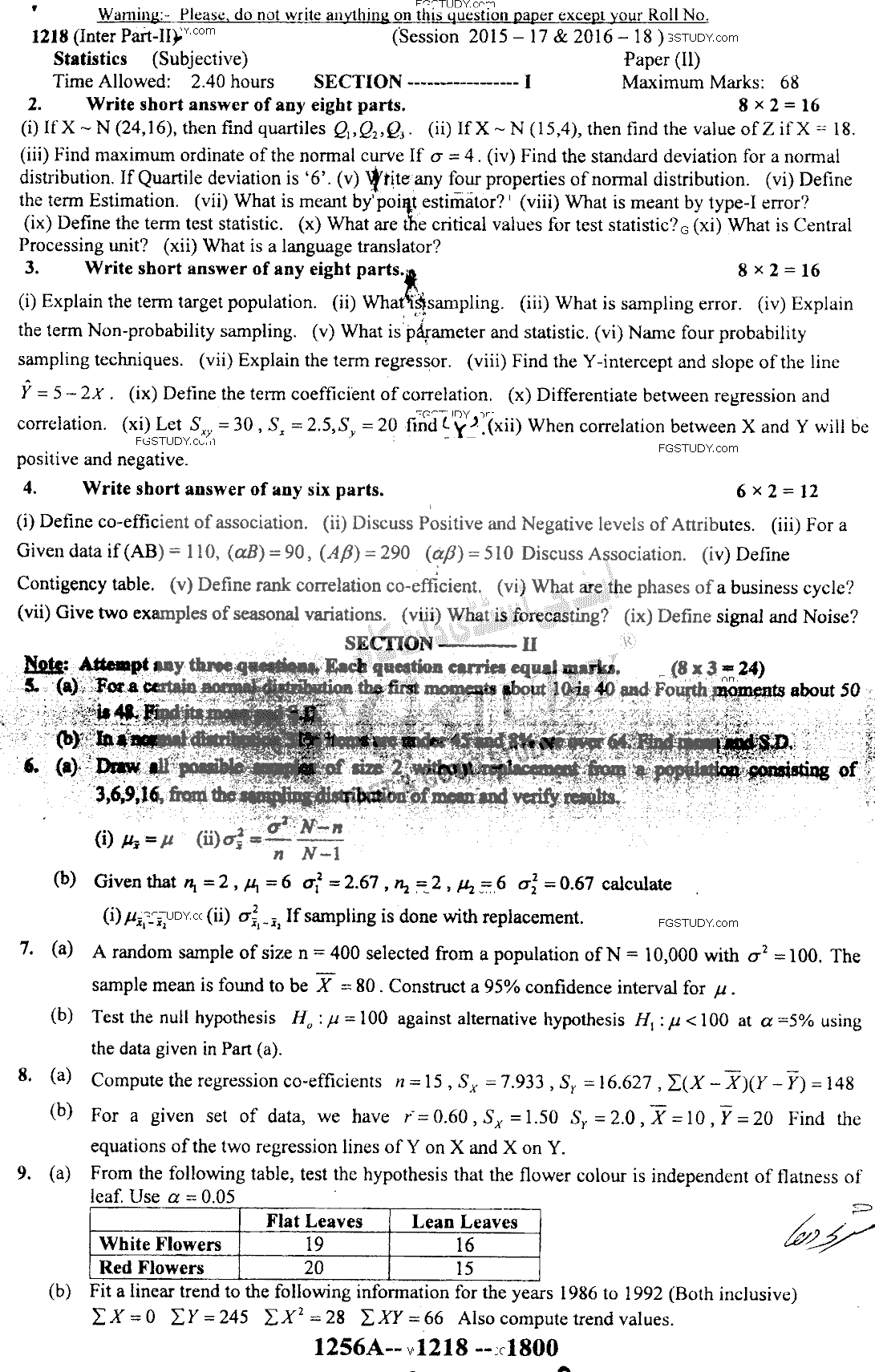 12th Class Statistics Past Paper 2018 Sargodha Board Subjective