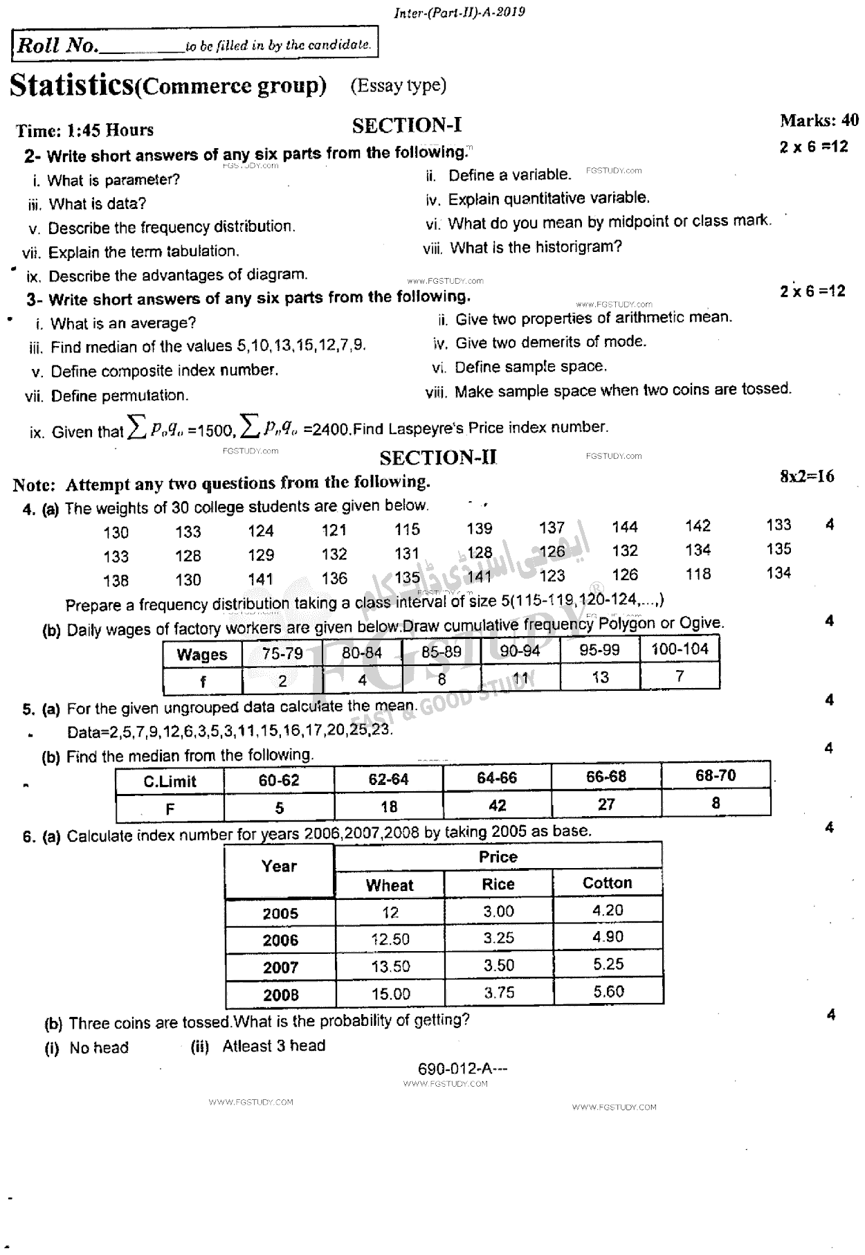 12th Class Statistics Past Paper 2019 Rawalpindi Board Subjective