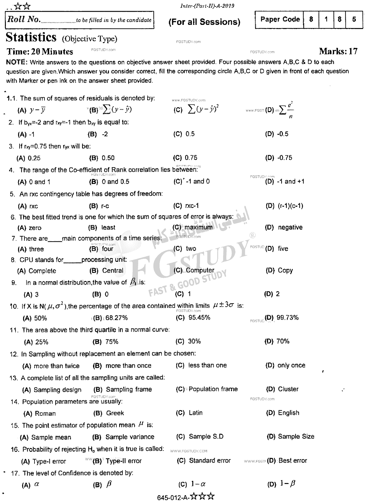 12th Class Statistics Past Paper 2019 Rawalpindi Board Objective