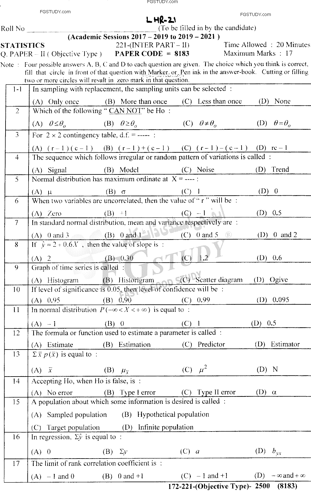12th Class Statistics Past Paper 2021 Lahore Board Objective