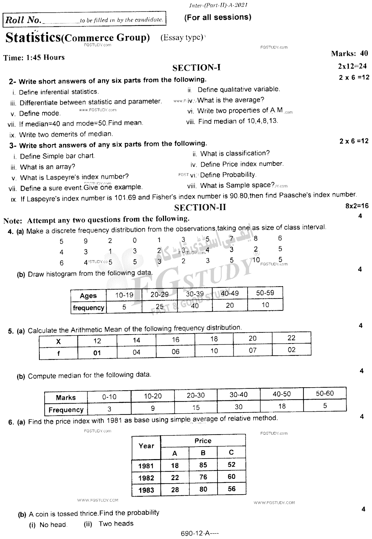 12th Class Statistics Past Paper 2021 Rawalpindi Board Subjective