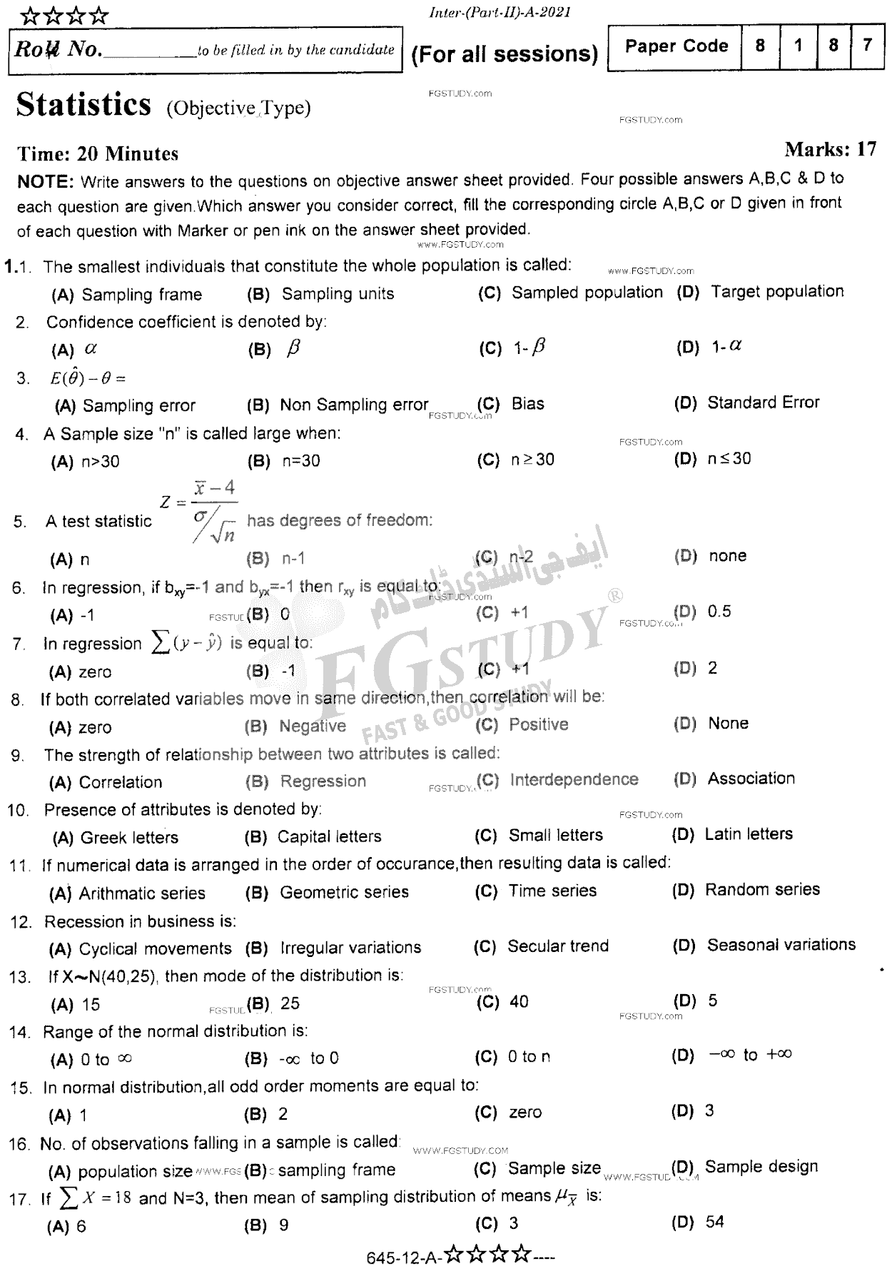12th Class Statistics Past Paper 2021 Rawalpindi Board Objective