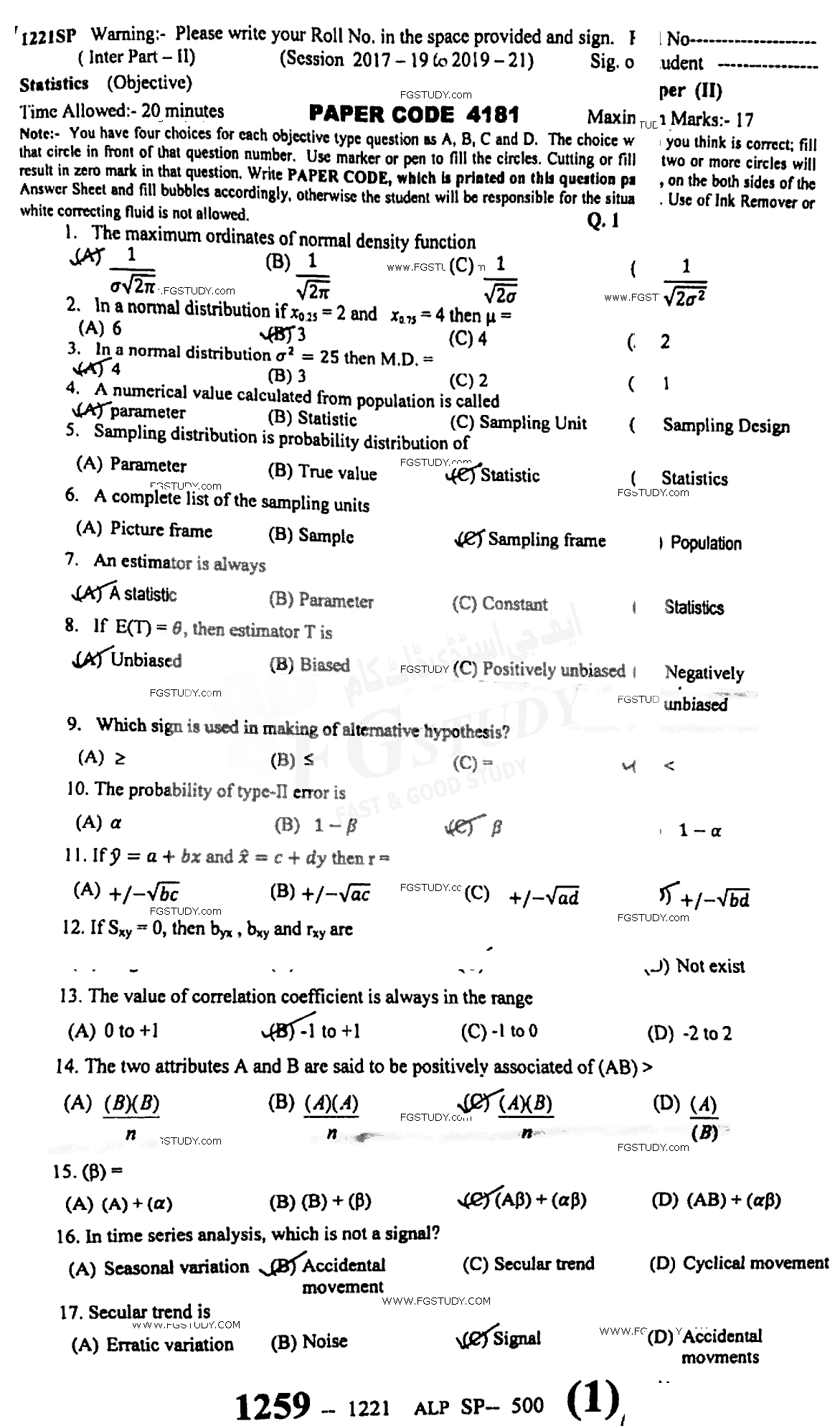 12th Class Statistics Past Paper 2021 Sargodha Board Objective