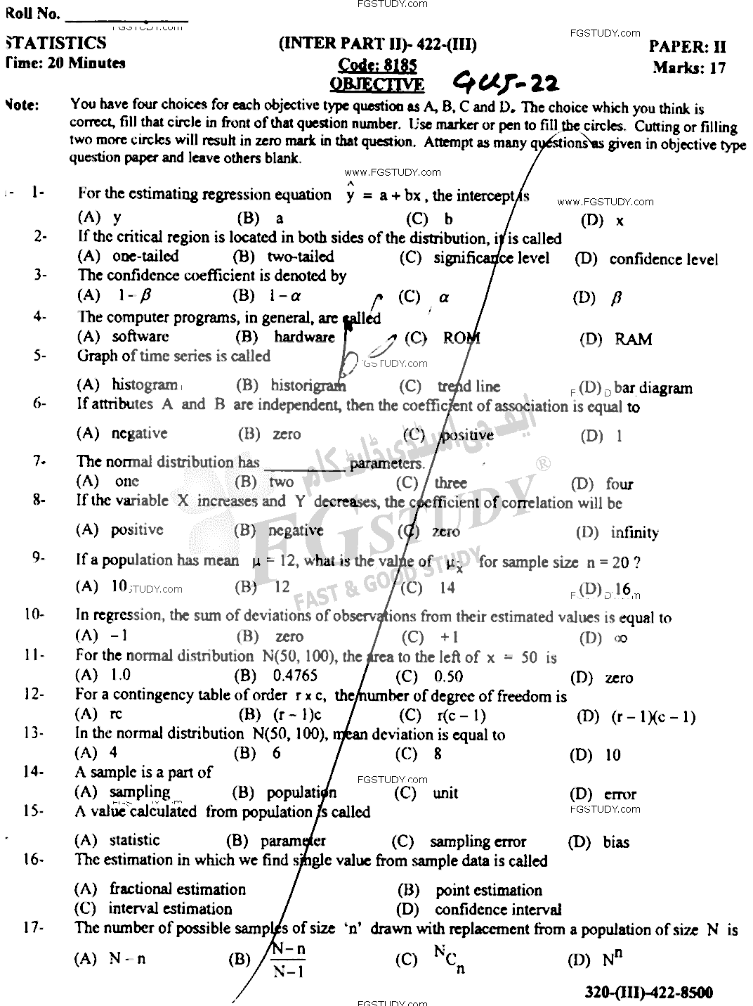 12th Class Statistics Past Paper 2022 Gujranwala Board Objective