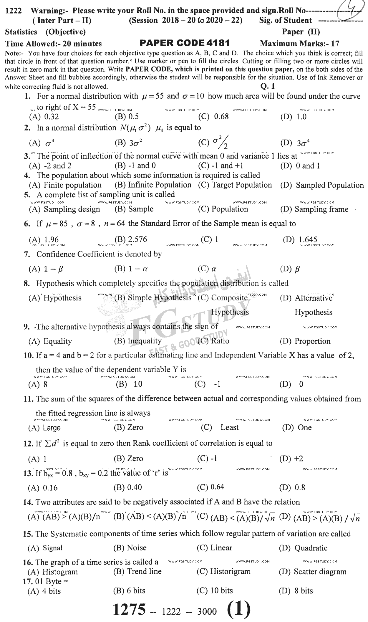 12th Class Statistics Past Paper 2022 Sargodha Board Objective