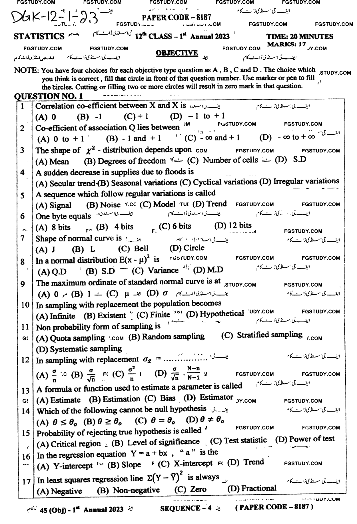 12th Class Statistics Past Paper 2023 Dg Khan Board Objective