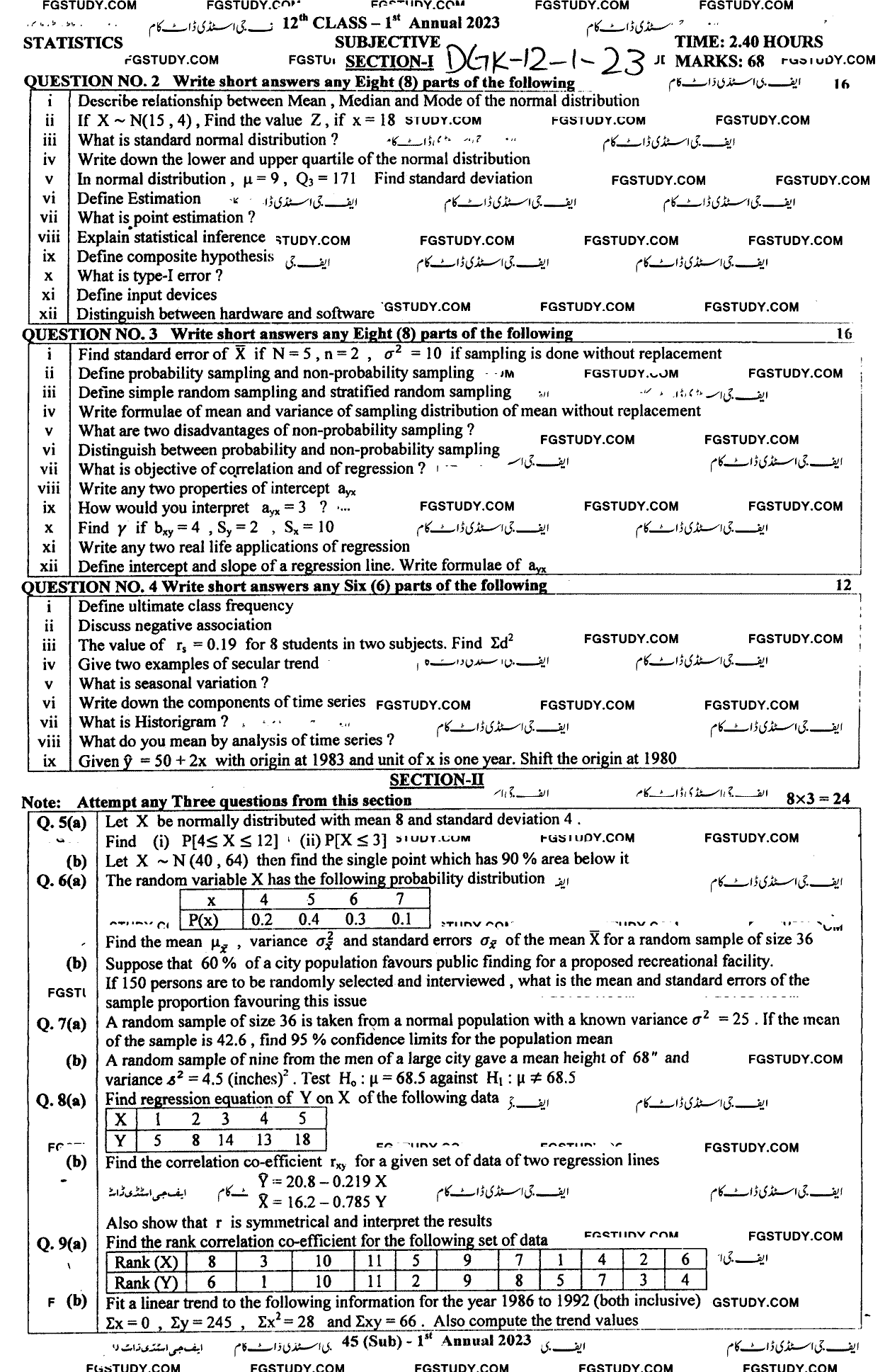 12th Class Statistics Past Paper 2023 Dg Khan Board Subjective