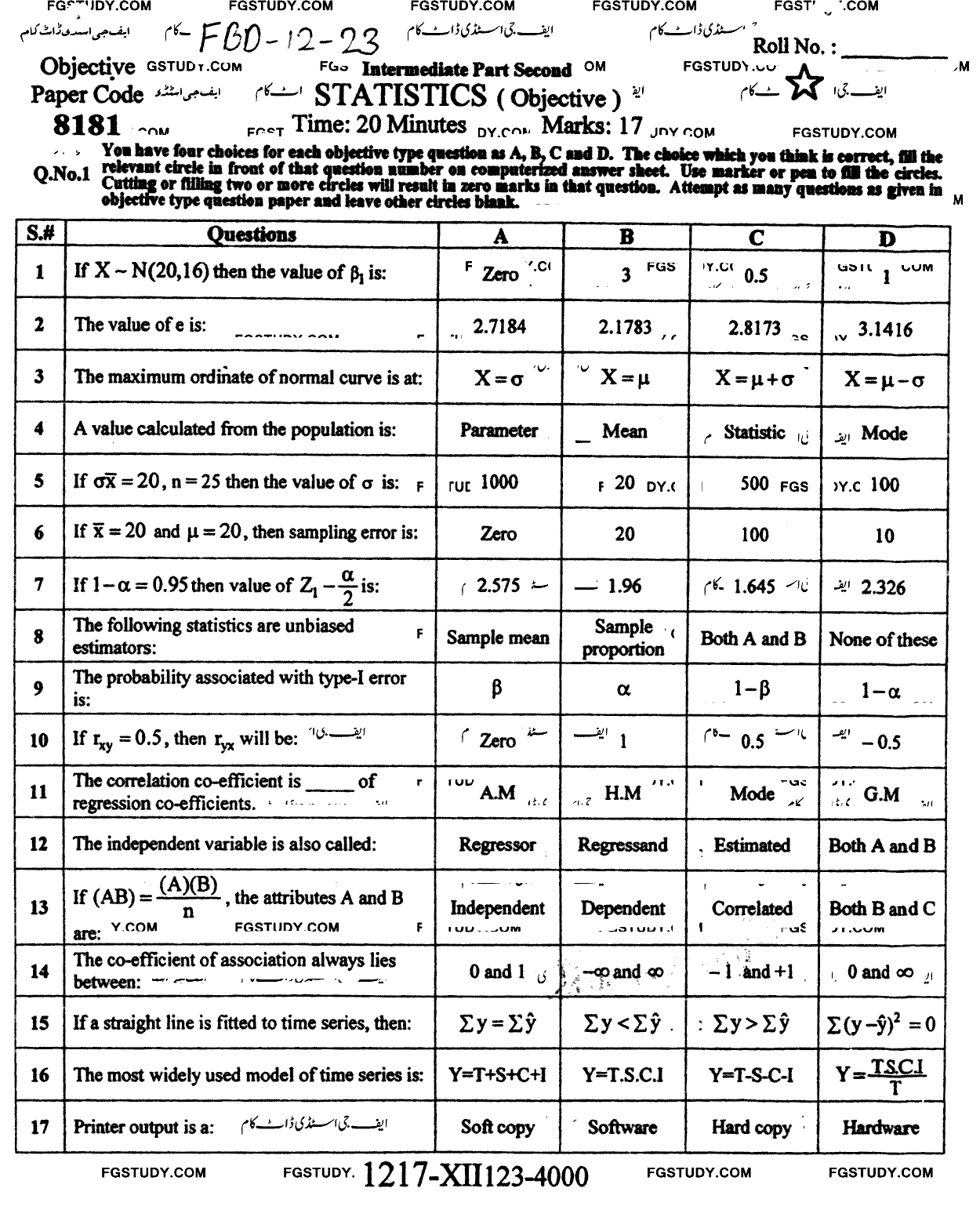 12th Class Statistics Past Paper 2023 Faisalabad Board Objective