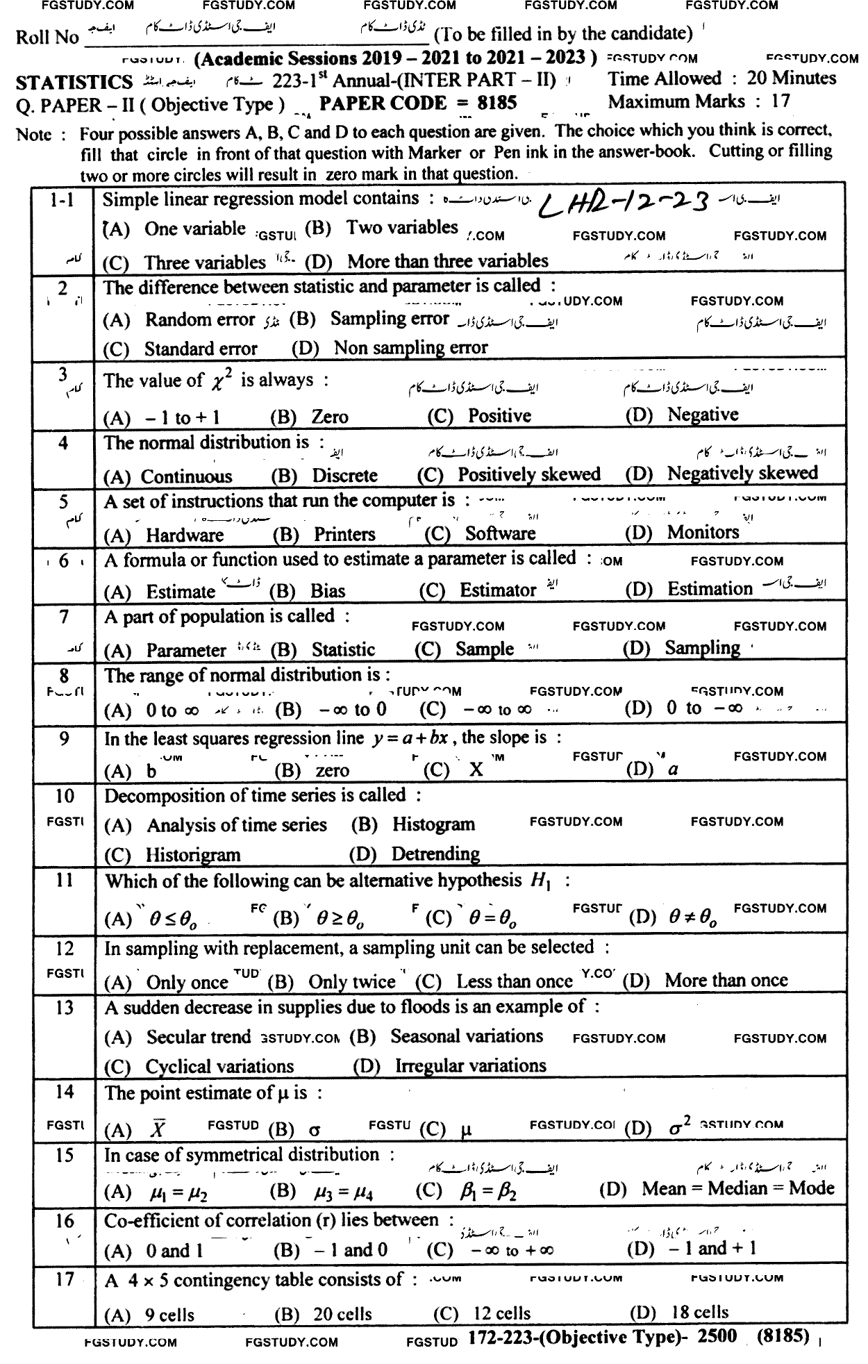 12th Class Statistics Past Paper 2023 Lahore Board Objective