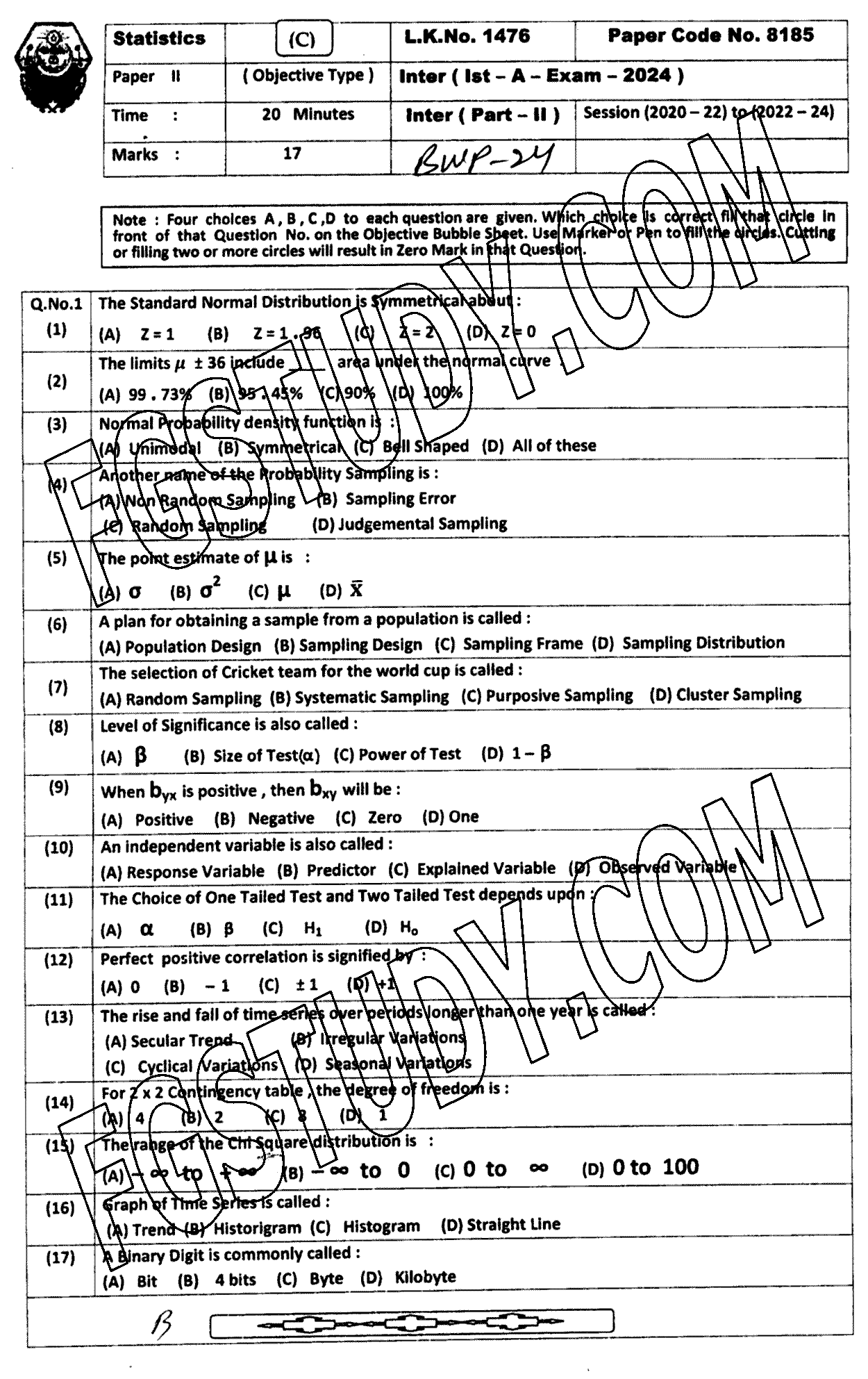 12th Class Statistics Past Paper 2024 Bahawalpur Board Objective