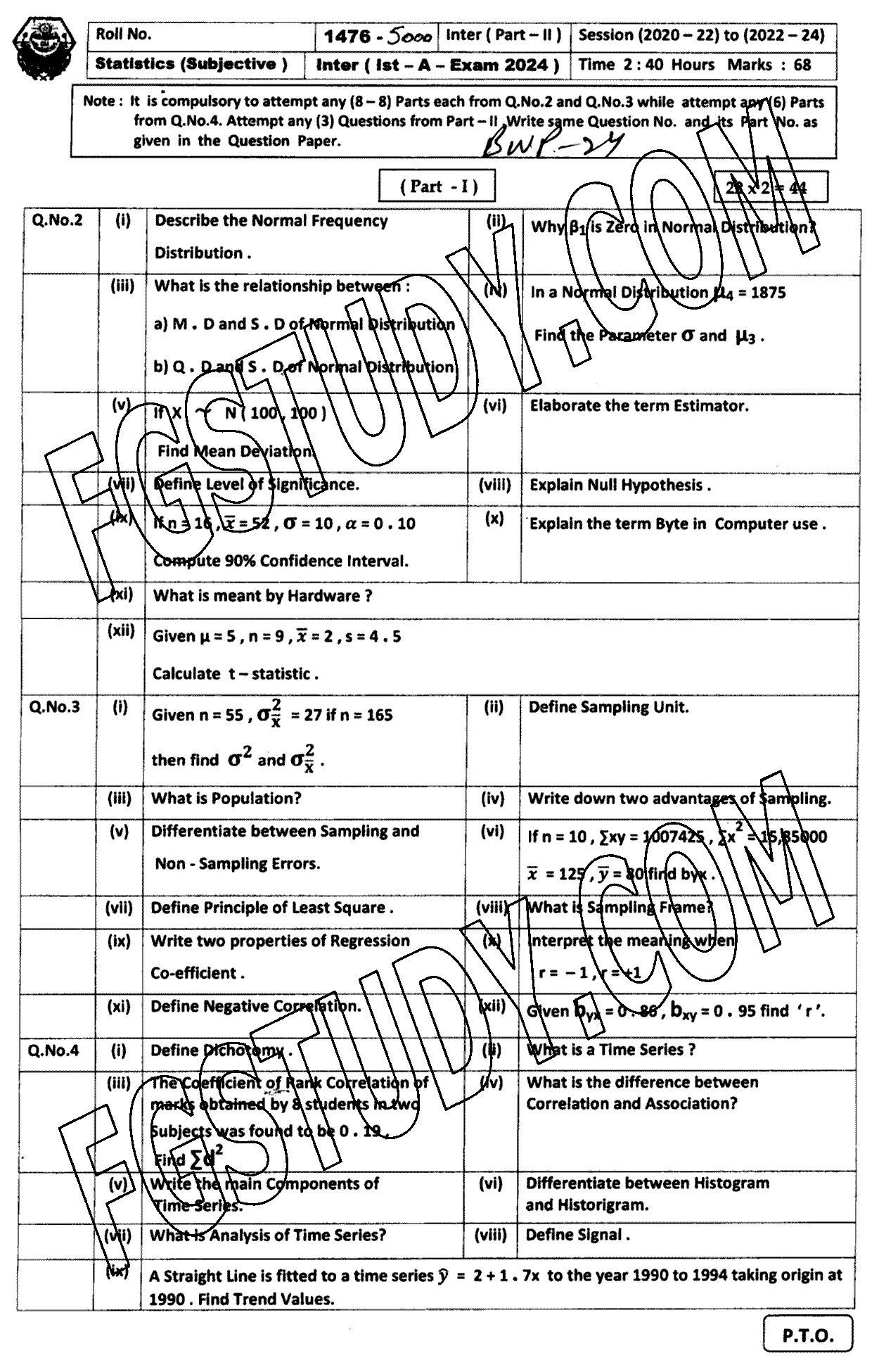 12th Class Statistics Past Paper 2024 Bahawalpur Board Subjective