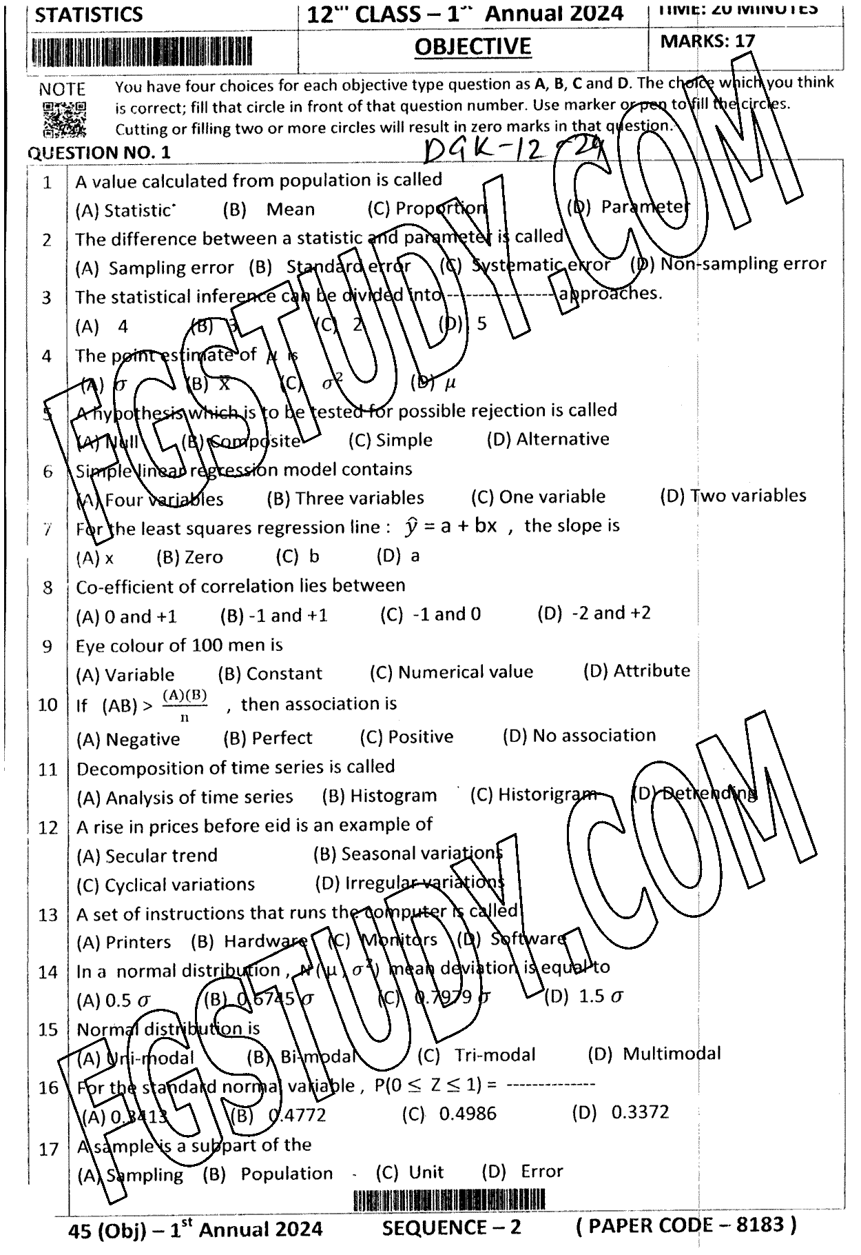12th Class Statistics Past Paper 2024 Dg Khan Board Objective