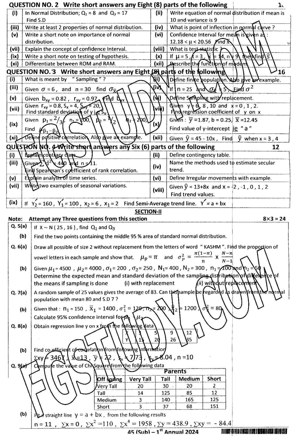 12th Class Statistics Past Paper 2024 Dg Khan Board Subjective