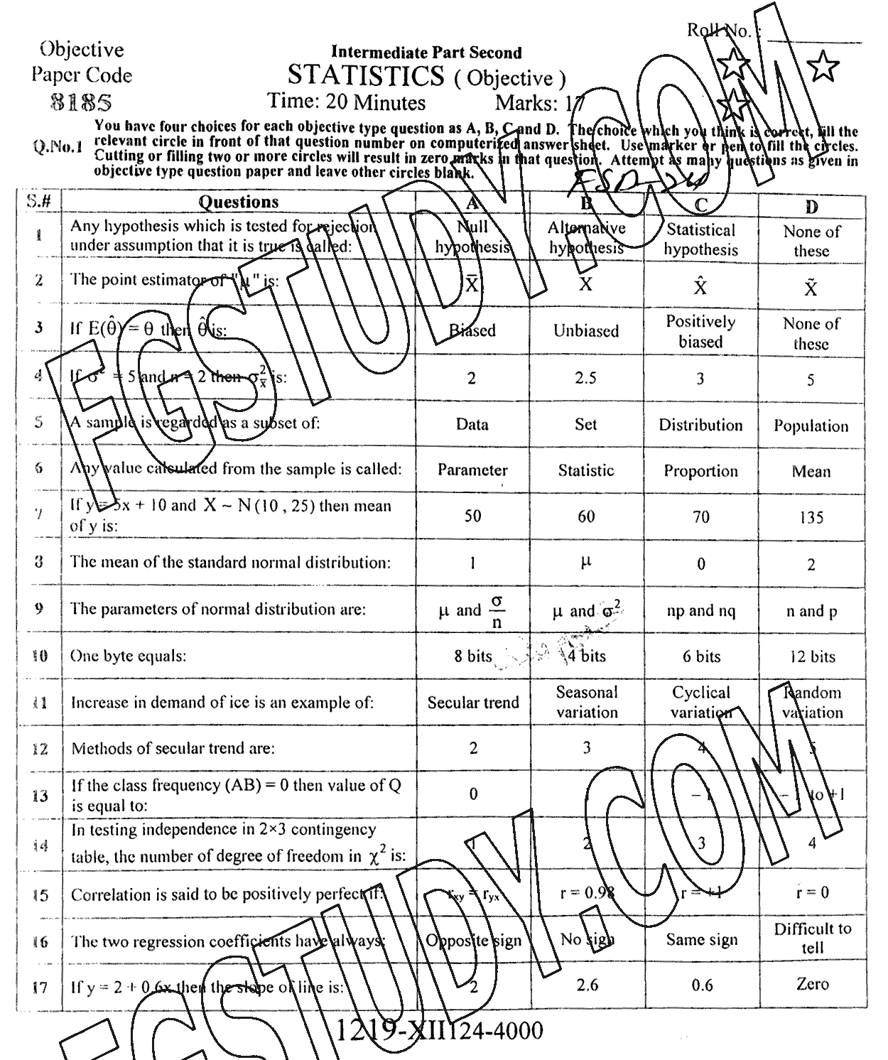 12th Class Statistics Past Paper 2024 Faisalabad Board Objective