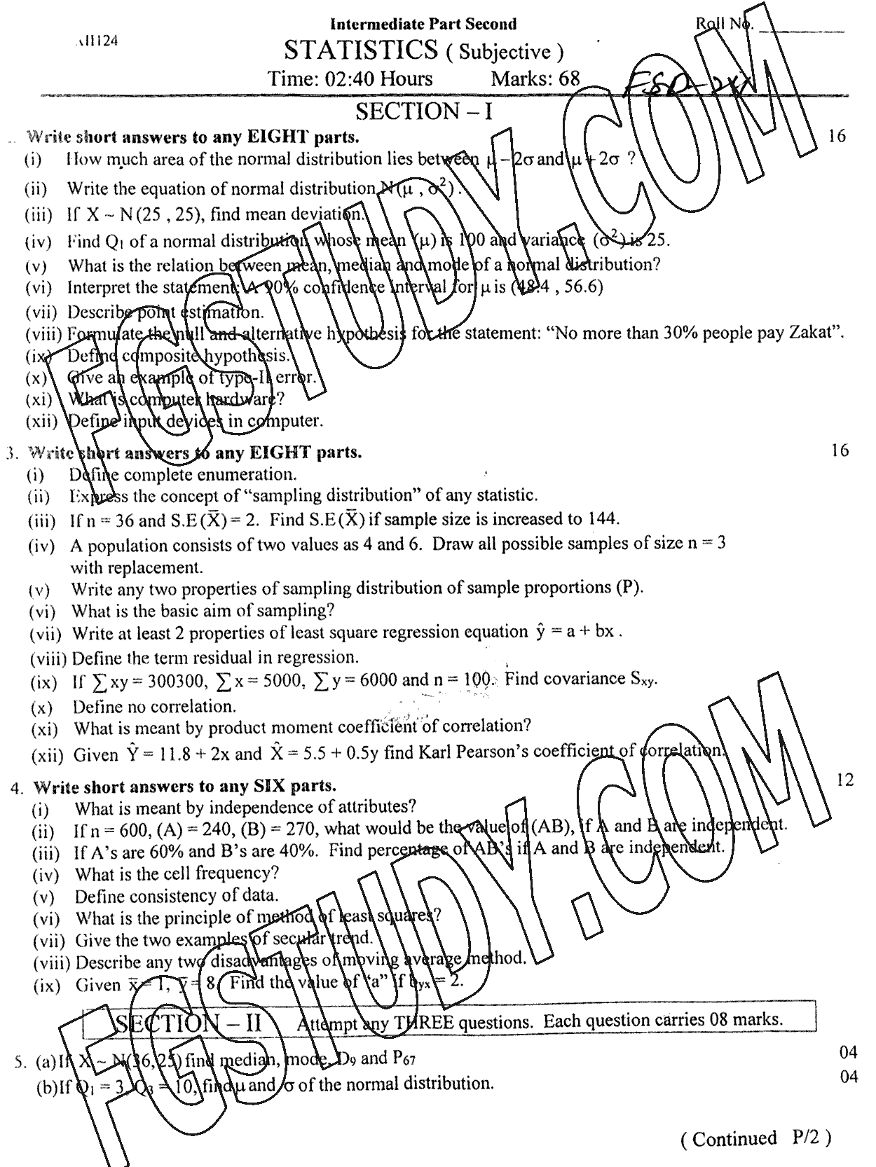 12th Class Statistics Past Paper 2024 Faisalabad Board Subjective