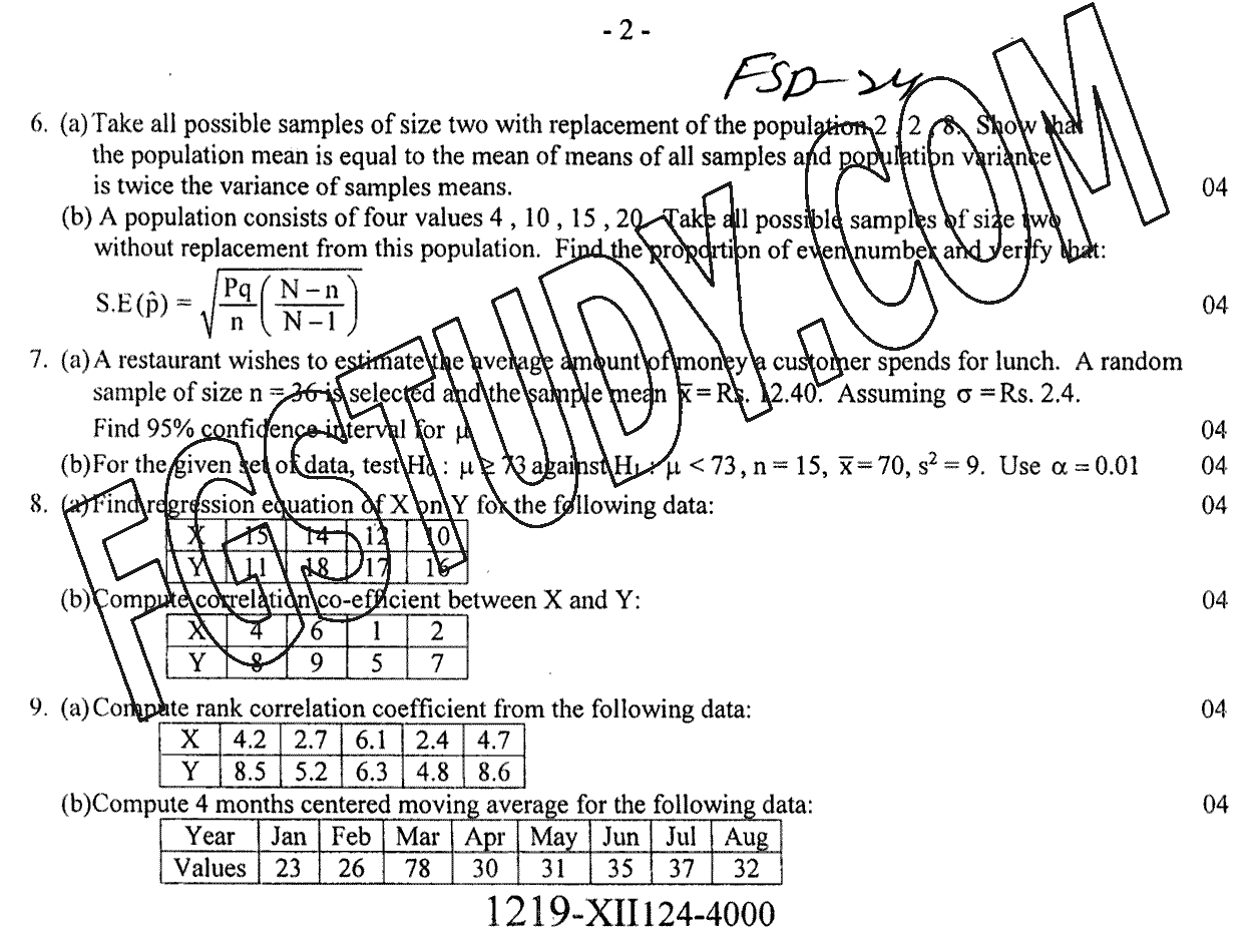 12th Class Statistics Past Paper 2024 Faisalabad Board Subjective