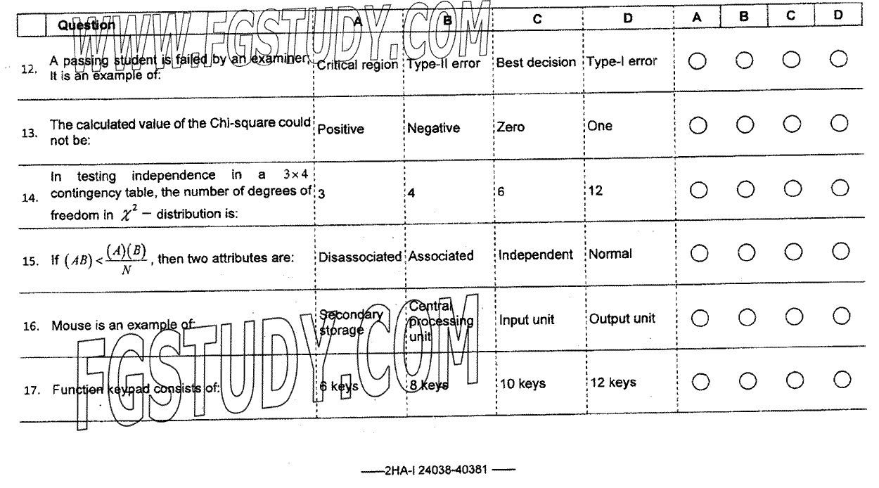 12th Class Statistics Past Paper 2024 Federal Board Islamabad Objective