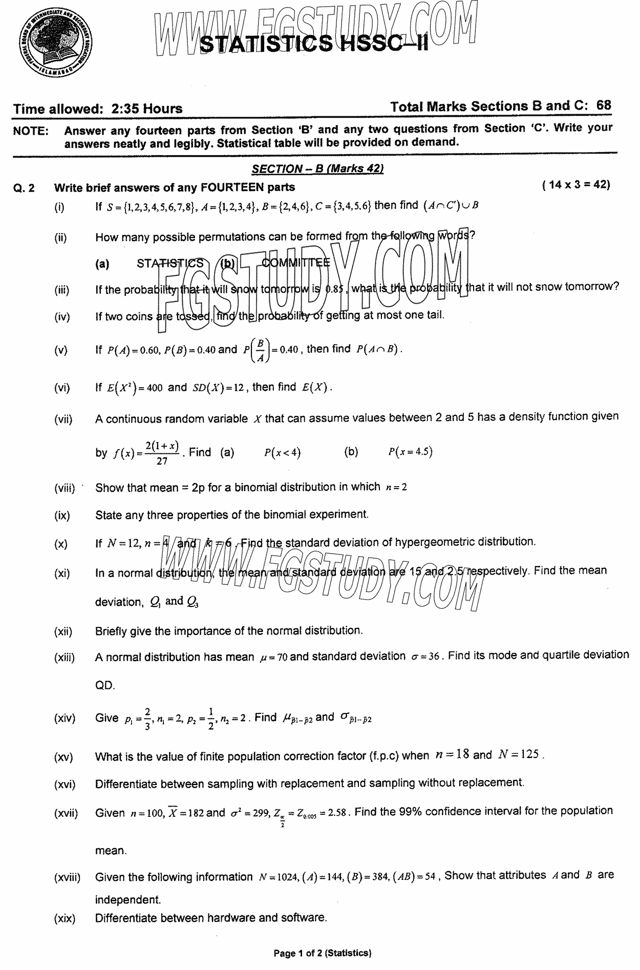 12th Class Statistics Past Paper 2024 Federal Board Islamabad Subjective