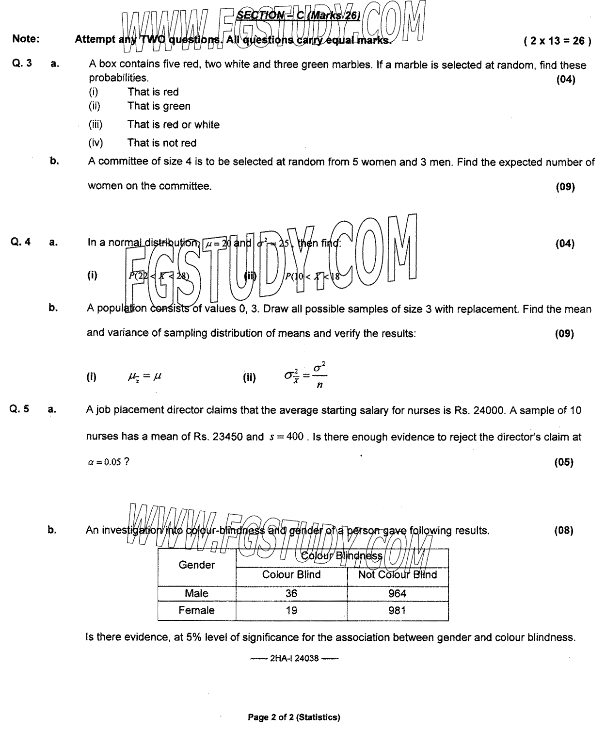 12th Class Statistics Past Paper 2024 Federal Board Islamabad Subjective
