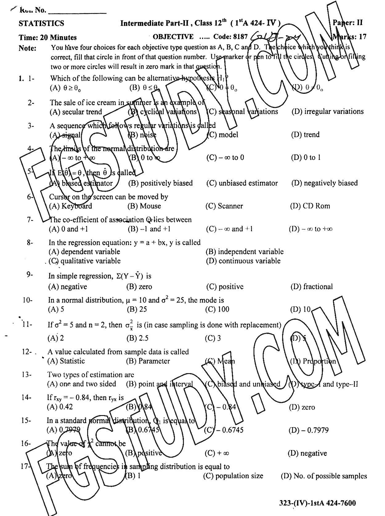 12th Class Statistics Past Paper 2024 Gujranwala Board Objective
