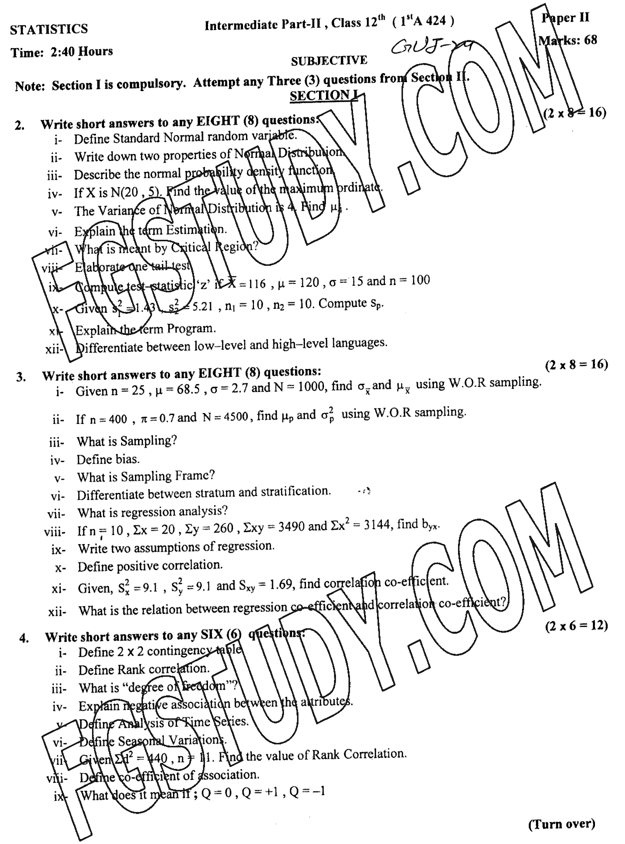 12th Class Statistics Past Paper 2024 Gujranwala Board Subjective