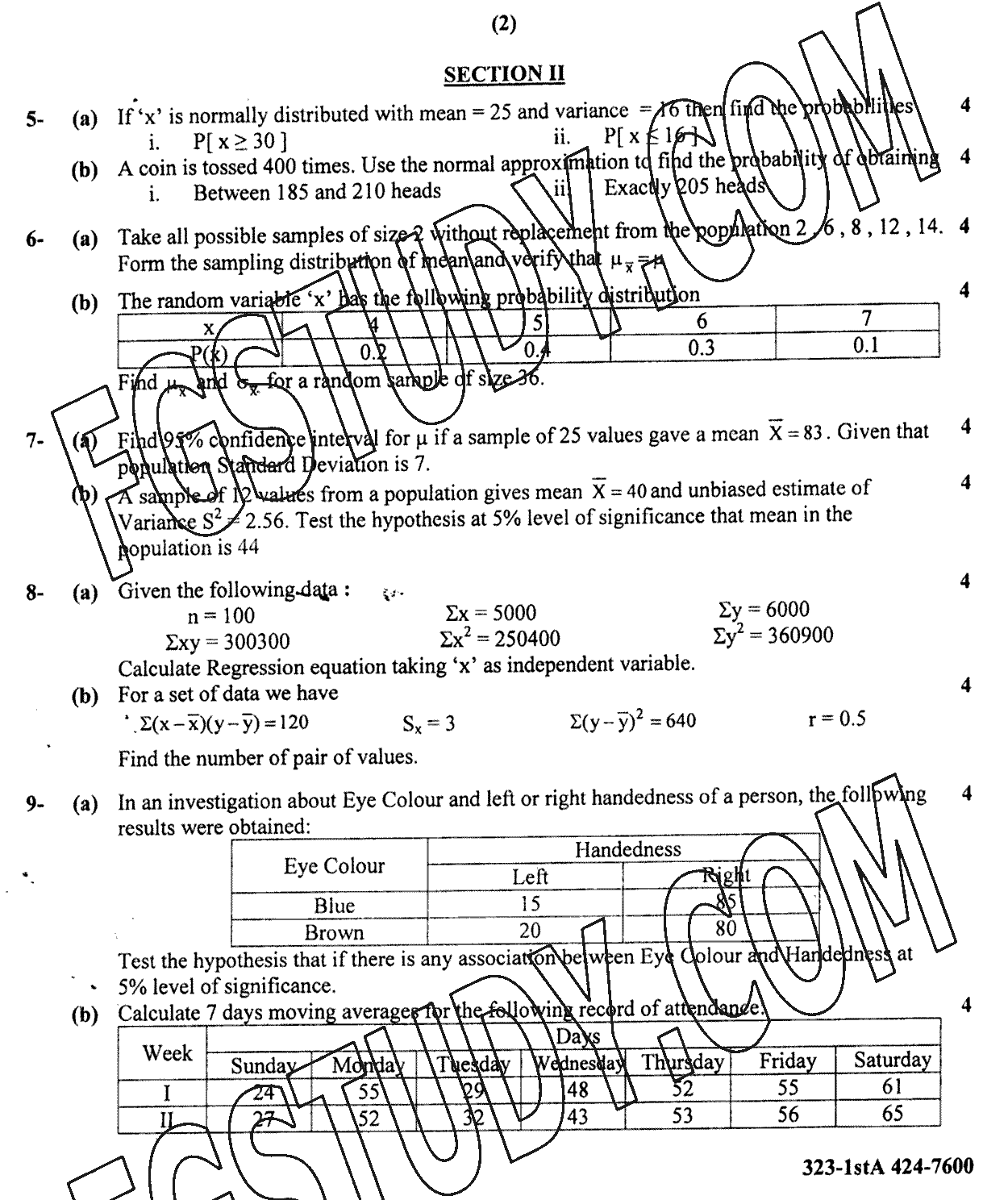 12th Class Statistics Past Paper 2024 Gujranwala Board Subjective