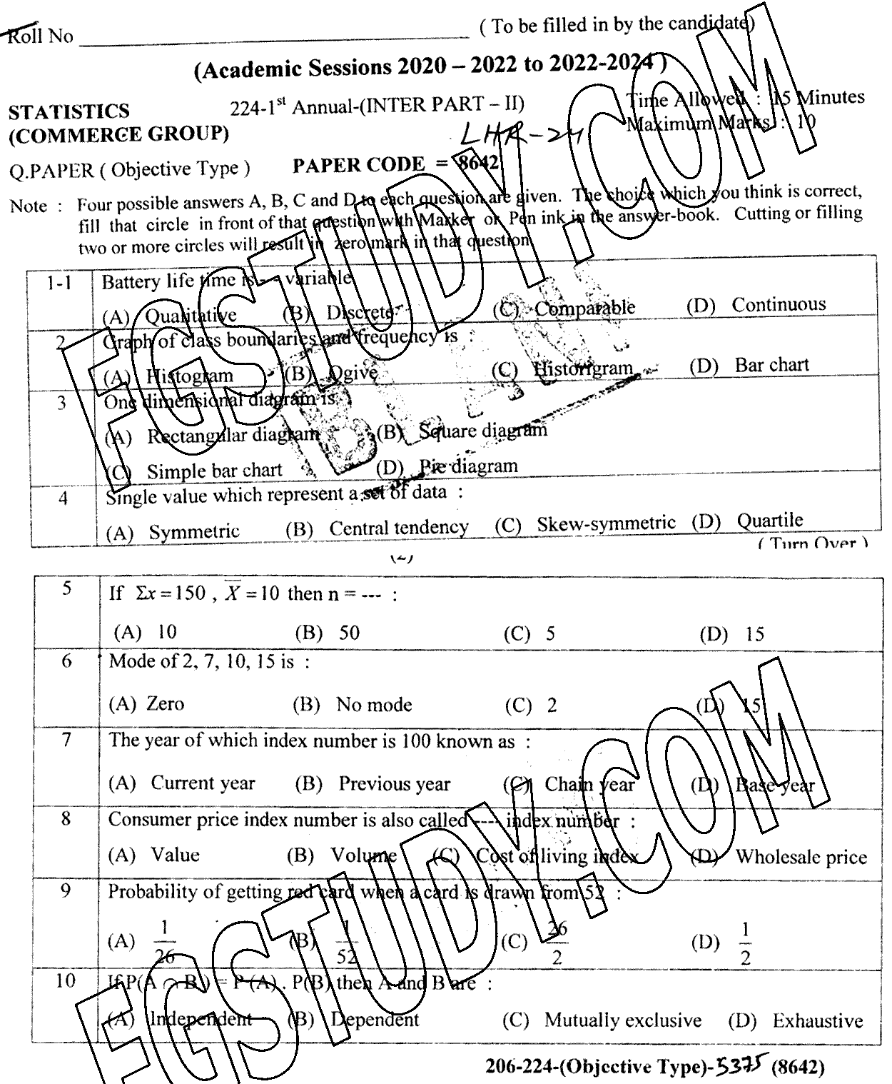 12th Class Statistics Past Paper 2024 Lahore Board Objective