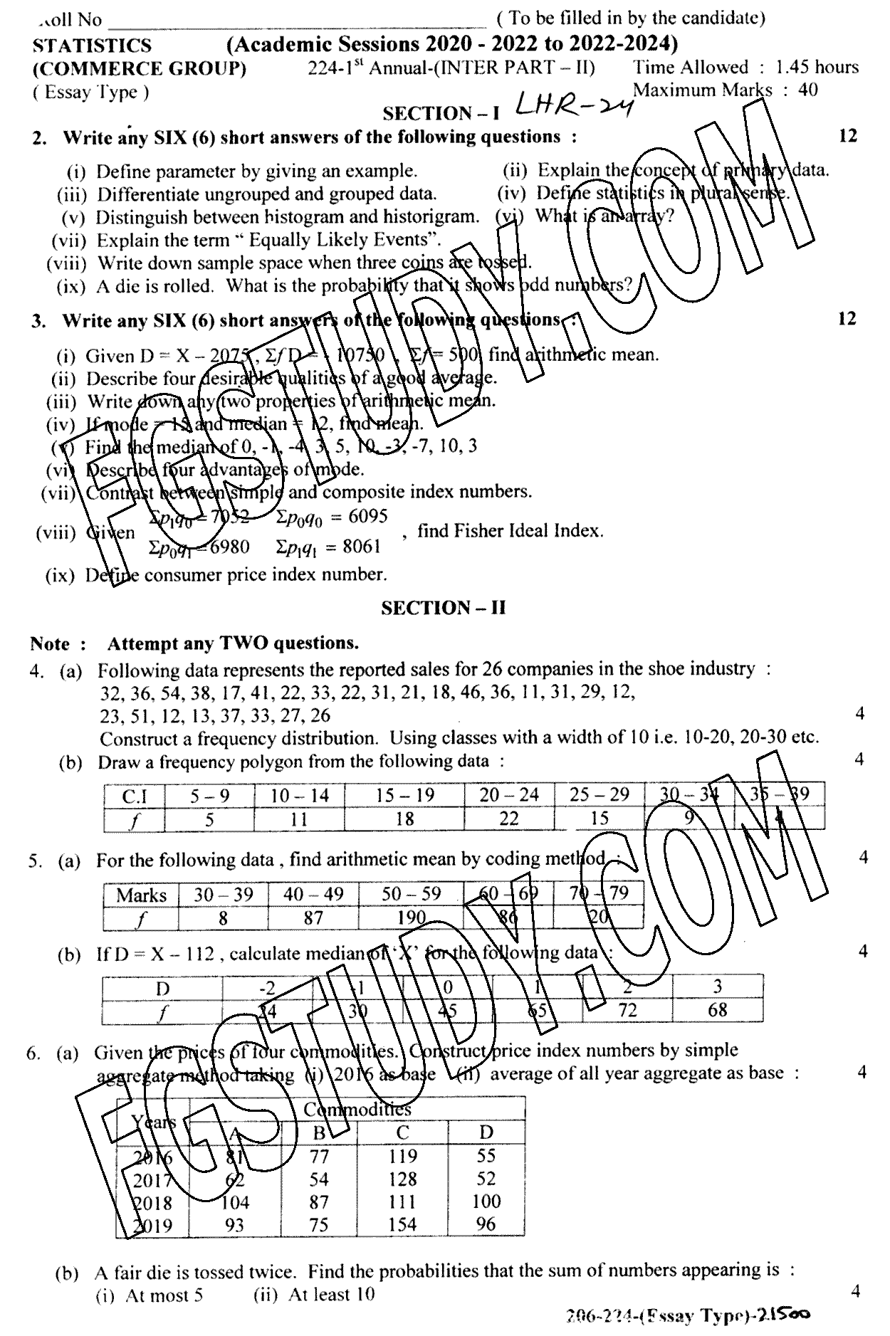 12th Class Statistics Past Paper 2024 Lahore Board Subjective