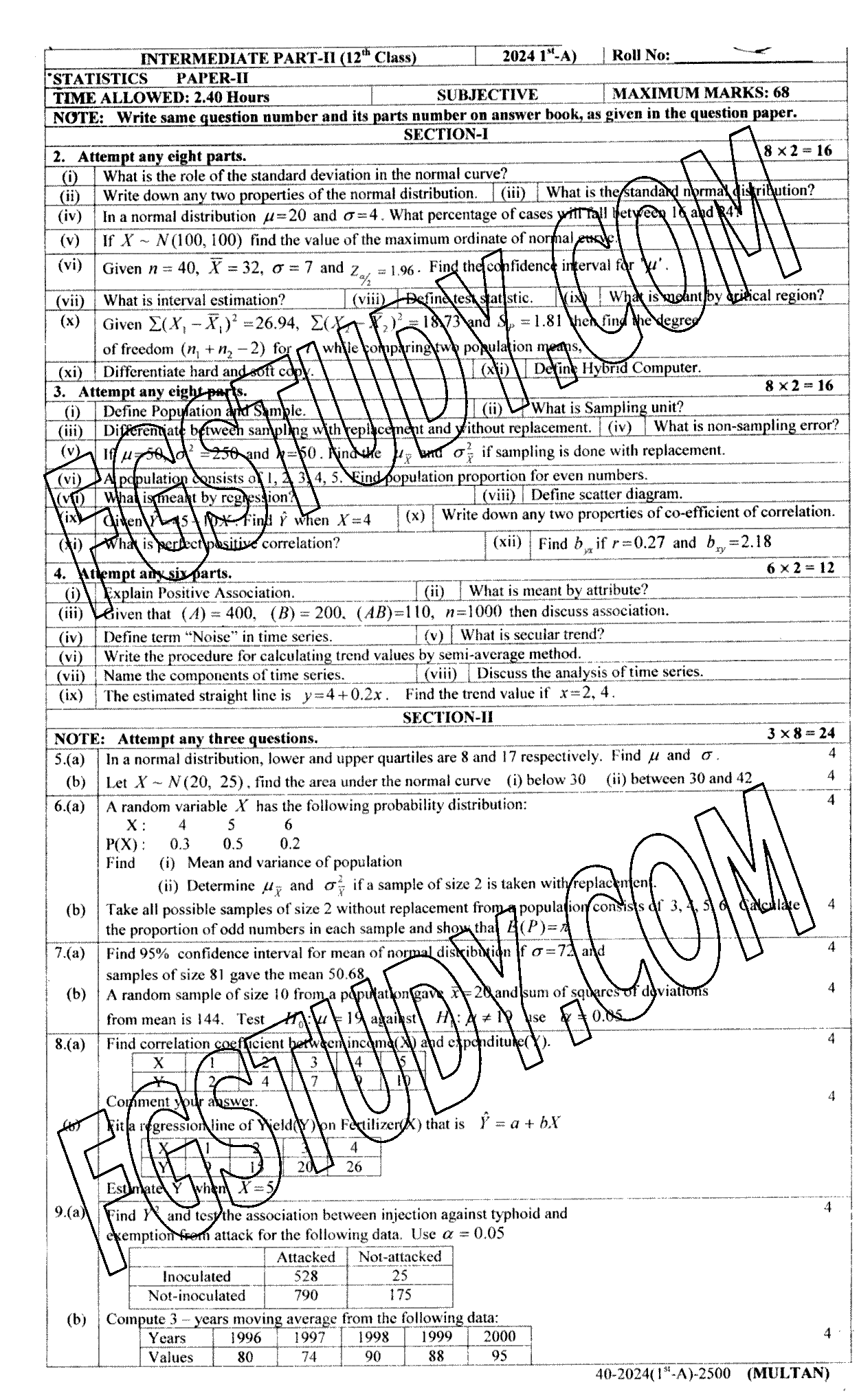 12th Class Statistics Past Paper 2024 Multan Board Subjective