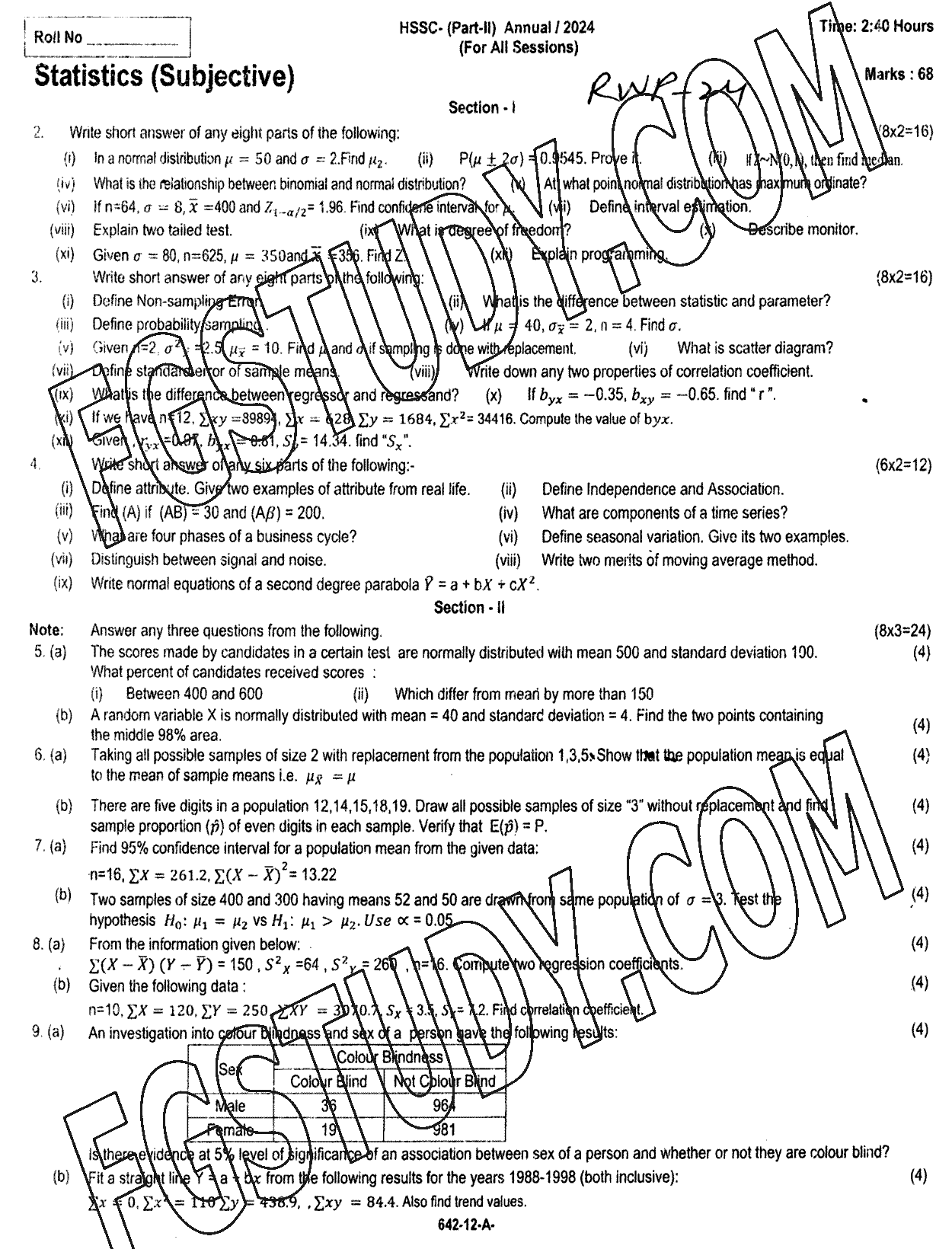 12th Class Statistics Past Paper 2024 Rawalpindi Board Subjective