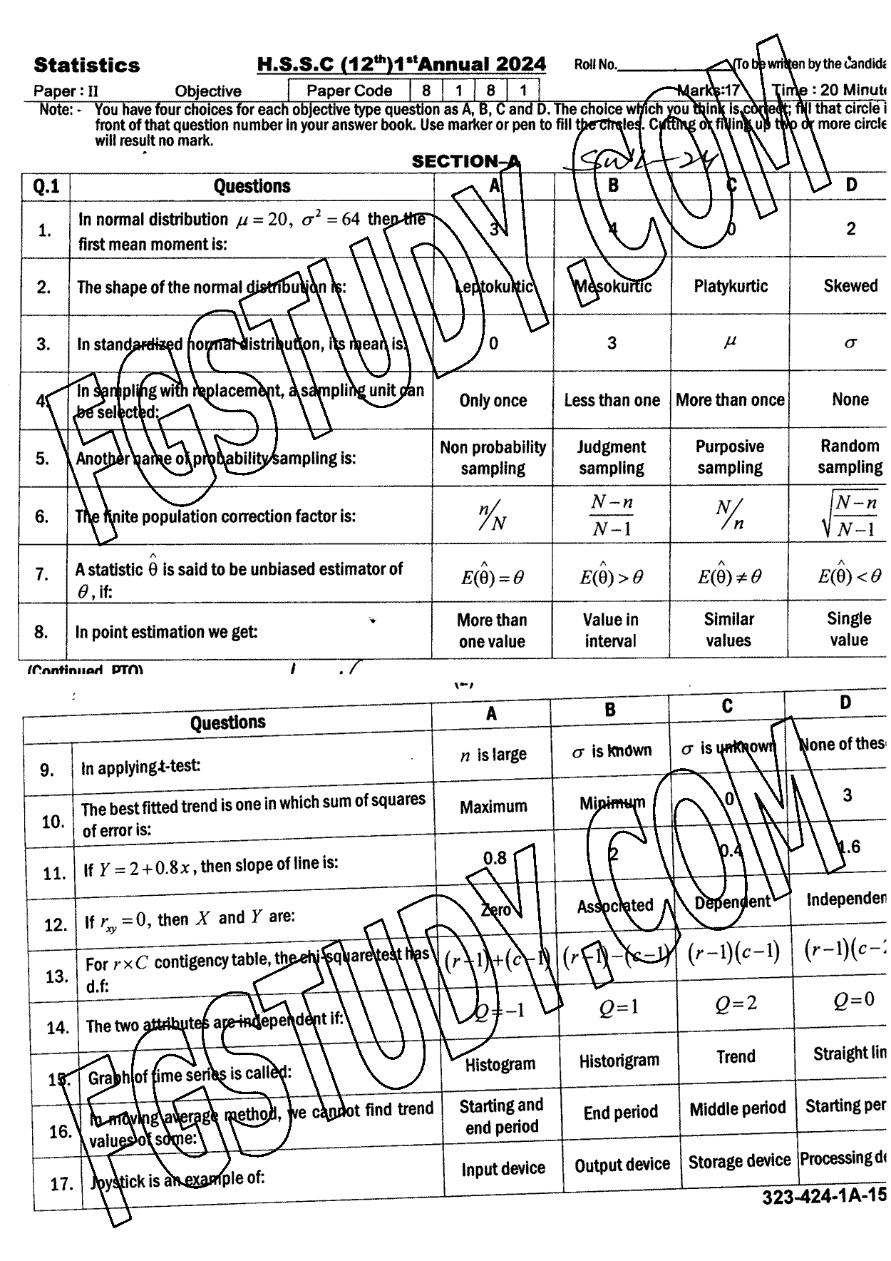 12th Class Statistics Past Paper 2024 Sahiwal Board Objective