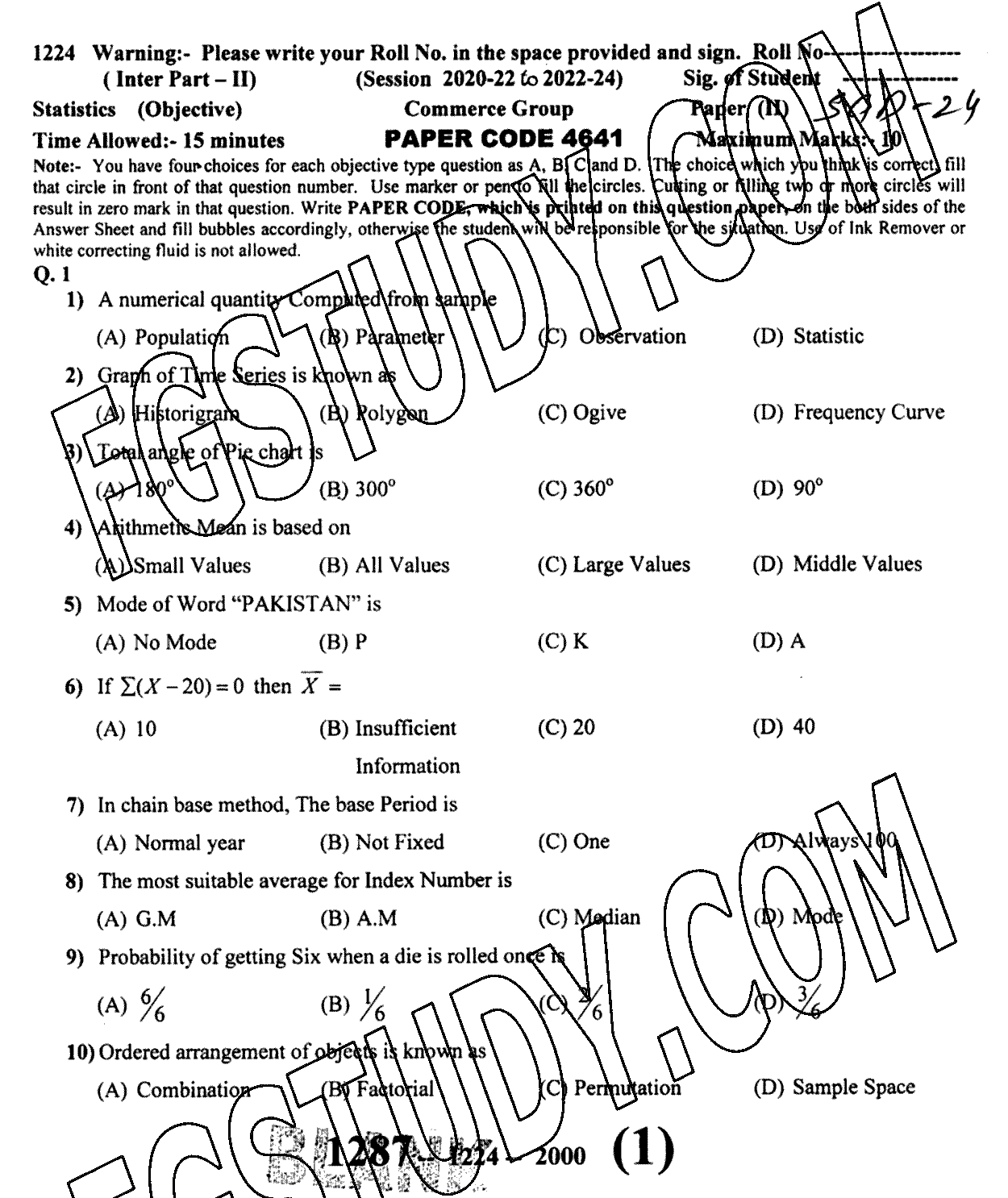 12th Class Statistics Past Paper 2024 Sargodha Board Objective