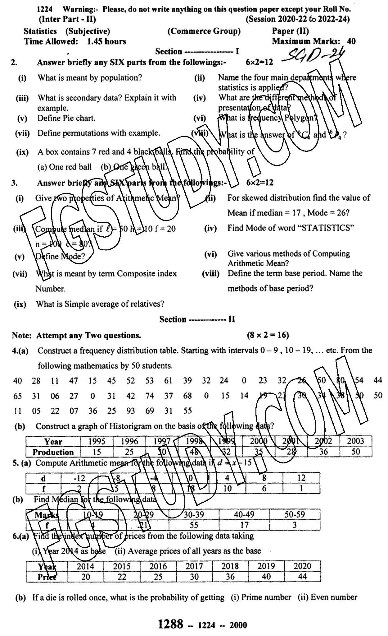 12th Class Statistics Past Paper 2024 Sargodha Board Subjective