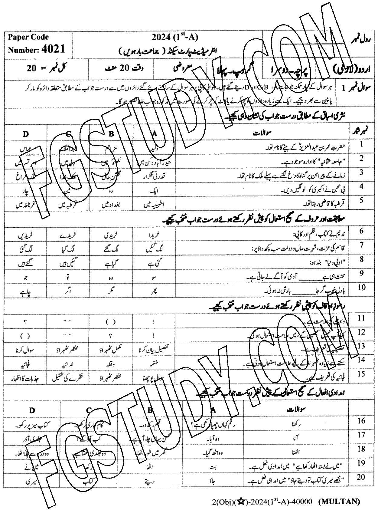 12th Class Urdu Past Paper 2024 Multan Board Group 1 Objective