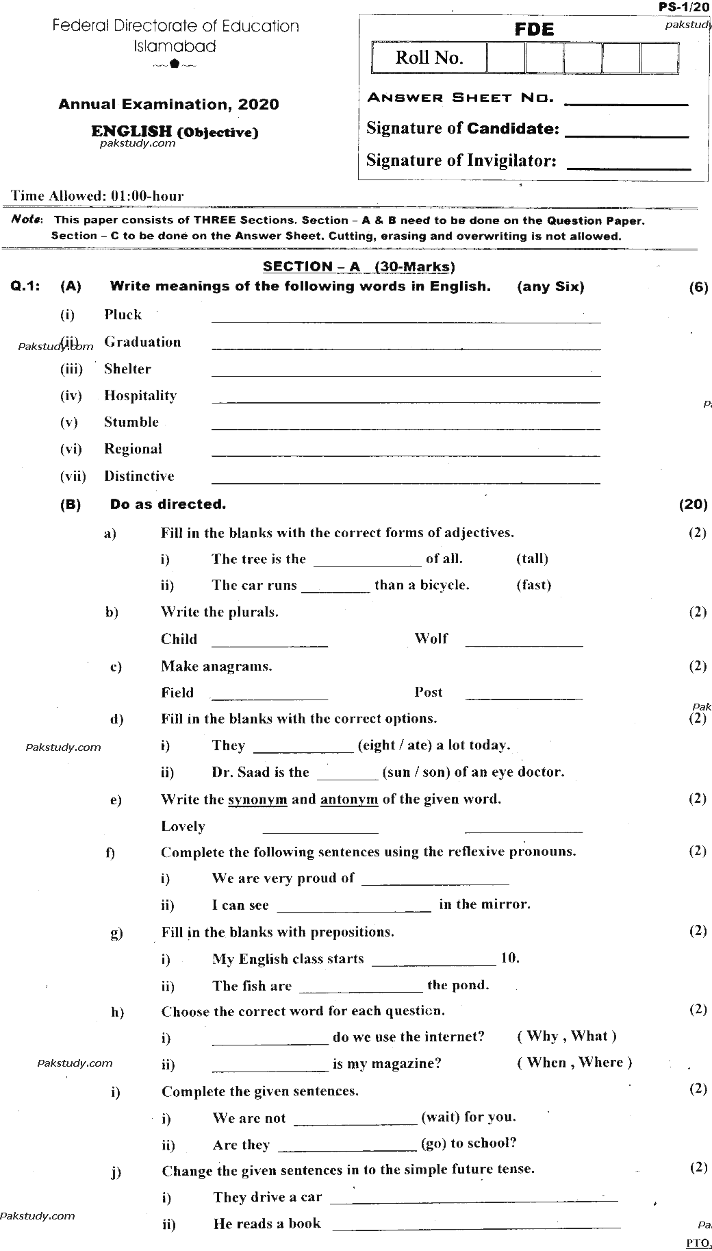 5th Class English Past Paper 2020 Federal Directorate Of Education Islamabad Objective