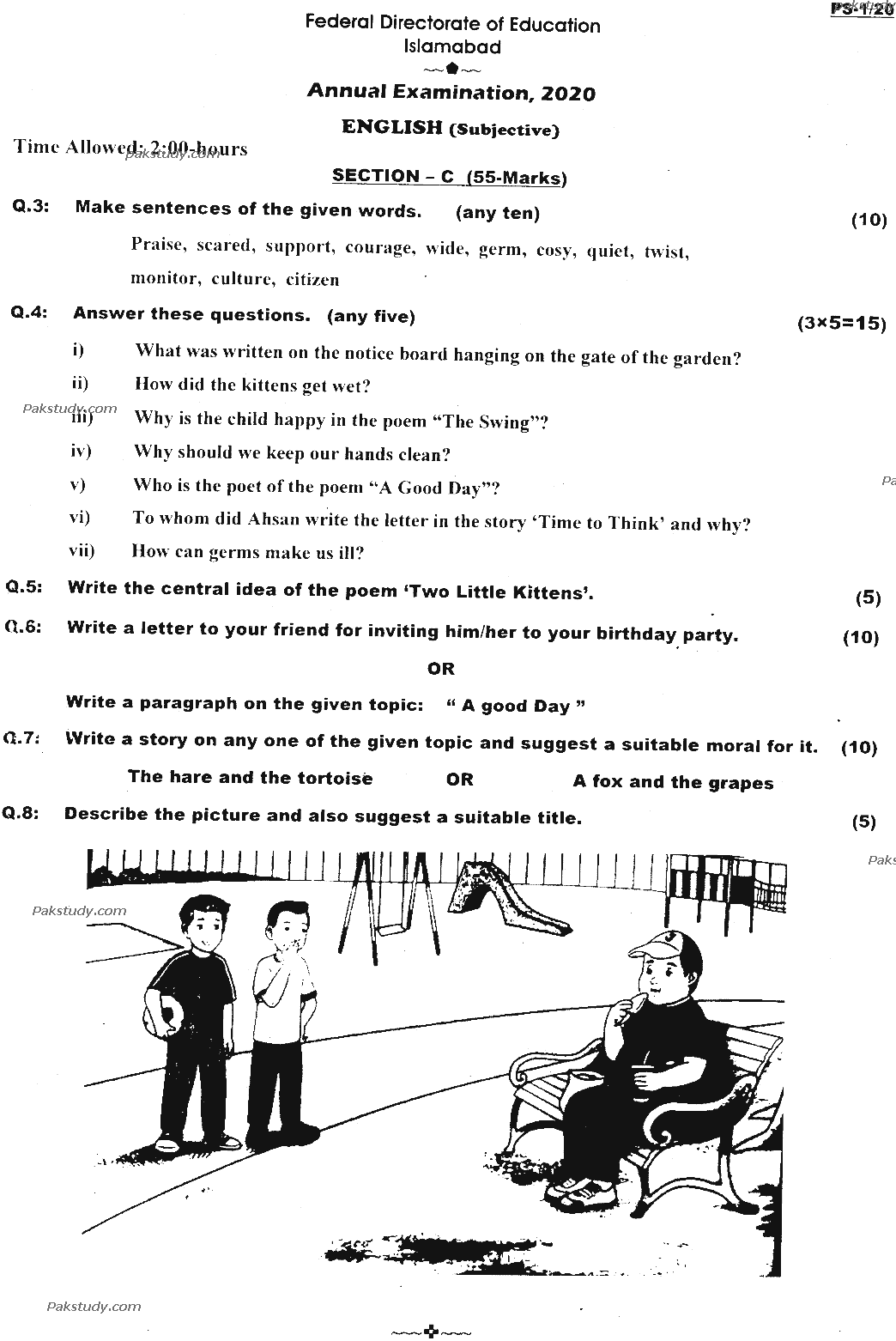 5th Class English Past Paper 2020 Federal Directorate Of Education Islamabad Subjective